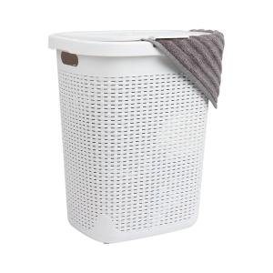 Mind Reader Slim Laundry Hamper with Lid, 50L Clothes Basket, Premium Wicker Design, Plastic, Black(White)