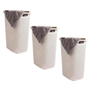 Mind Reader Slim Laundry Hamper with Lid, 60L Clothes Baskets, Premium Wicker Design, Plastic, 3-Pack, Ivory(Ivory)