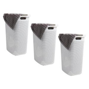 Mind Reader Slim Laundry Hamper with Lid, 60L Clothes Baskets, Premium Wicker Design, Plastic, 3-Pack, Ivory(White)