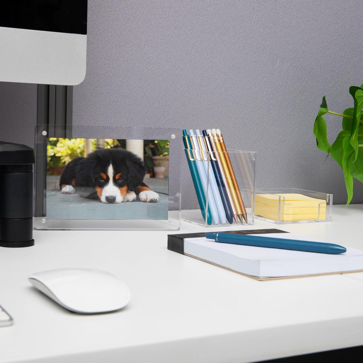 imageMind Reader 3Piece Desk Organizer Set Pen Holder Photo Frame and Sticky Note Tray Desktop Organization Office Acrylic ClearClear