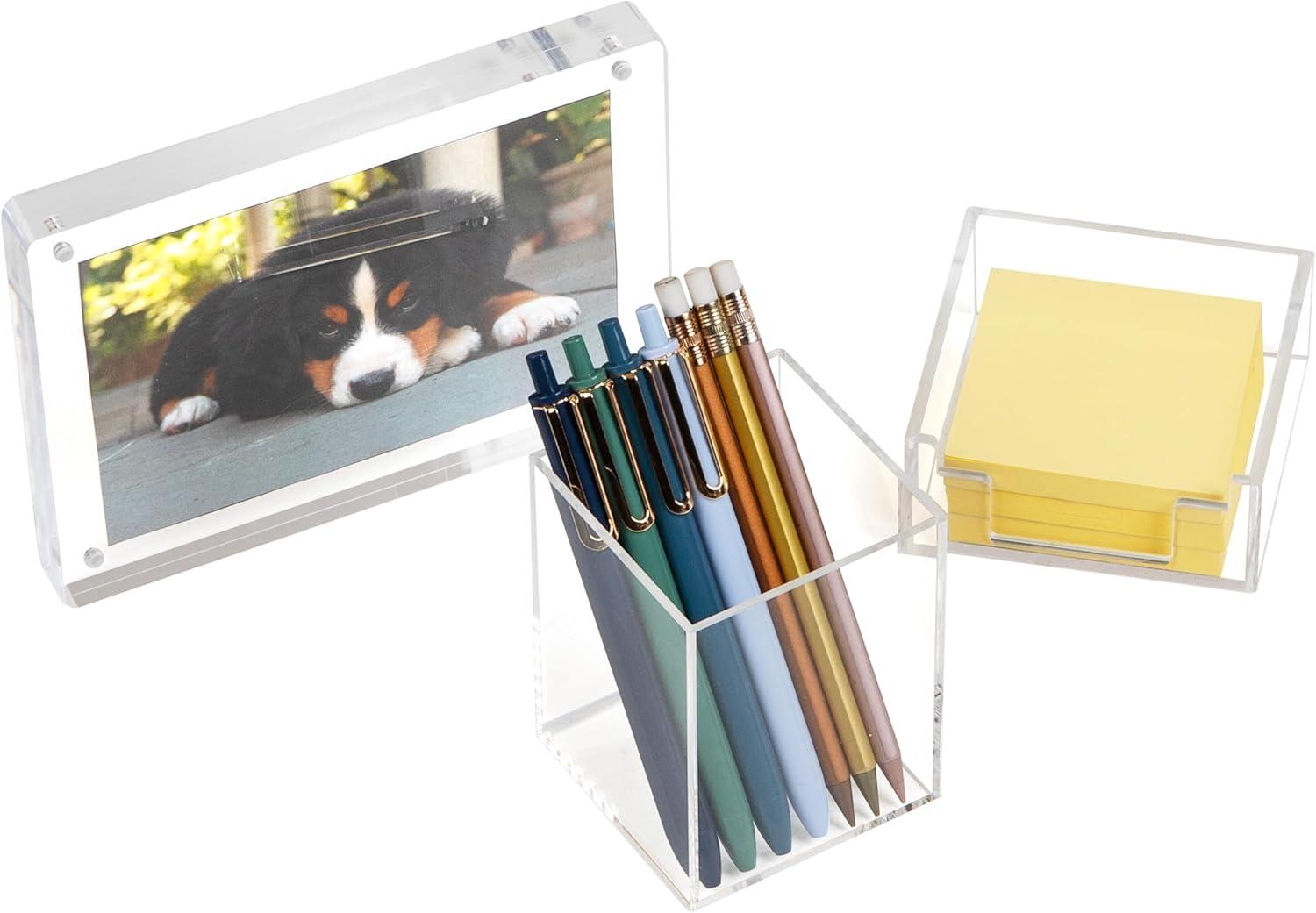 imageMind Reader 3Piece Desk Organizer Set Pen Holder Photo Frame and Sticky Note Tray Desktop Organization Office Acrylic ClearClear