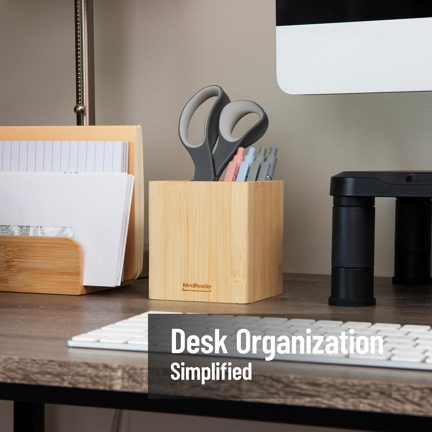 imageMind Reader 3Tier Mail Sorter Desktop Organizer Mail Organizer Modern Office Bamboo 675L x 4W x 425H BrownPen Cup
