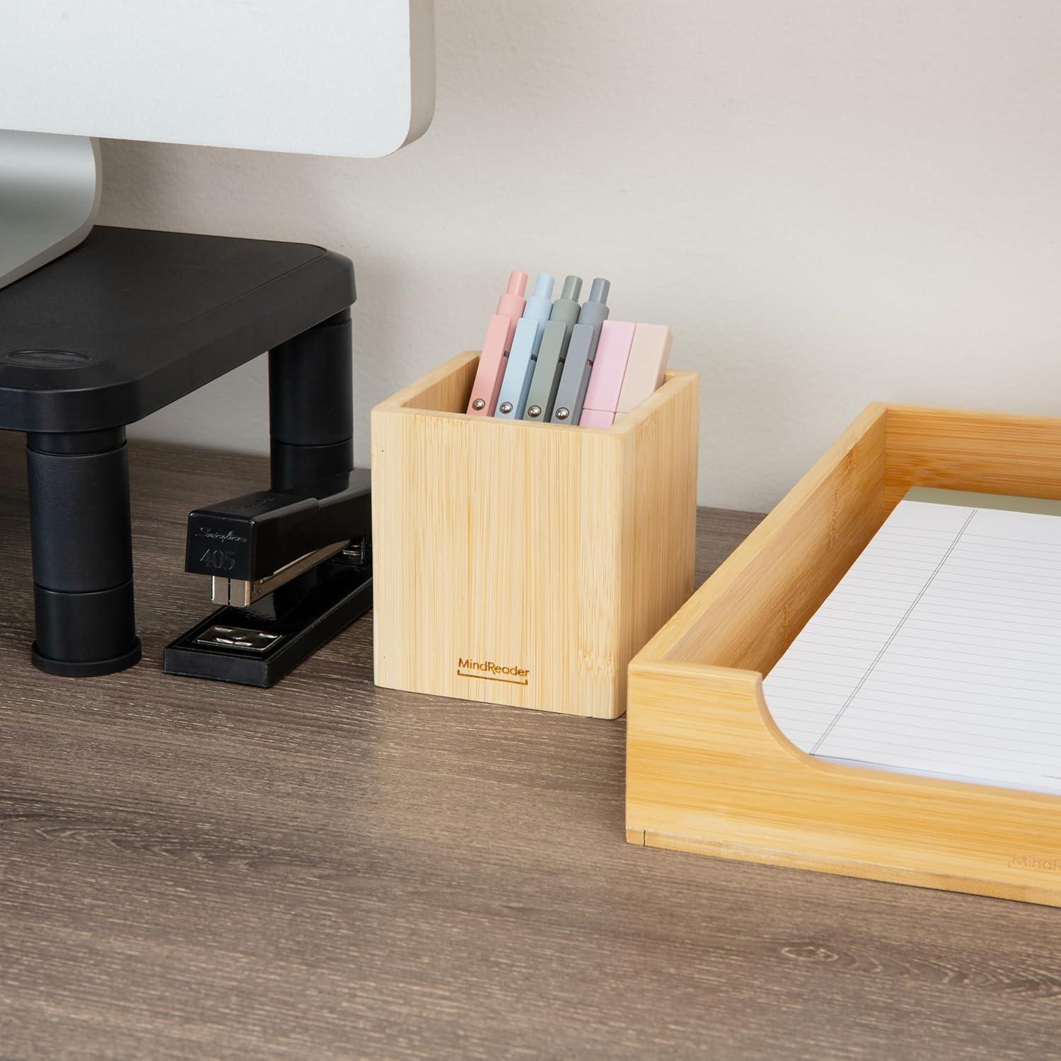 imageMind Reader 3Tier Mail Sorter Desktop Organizer Mail Organizer Modern Office Bamboo 675L x 4W x 425H BrownPen Cup