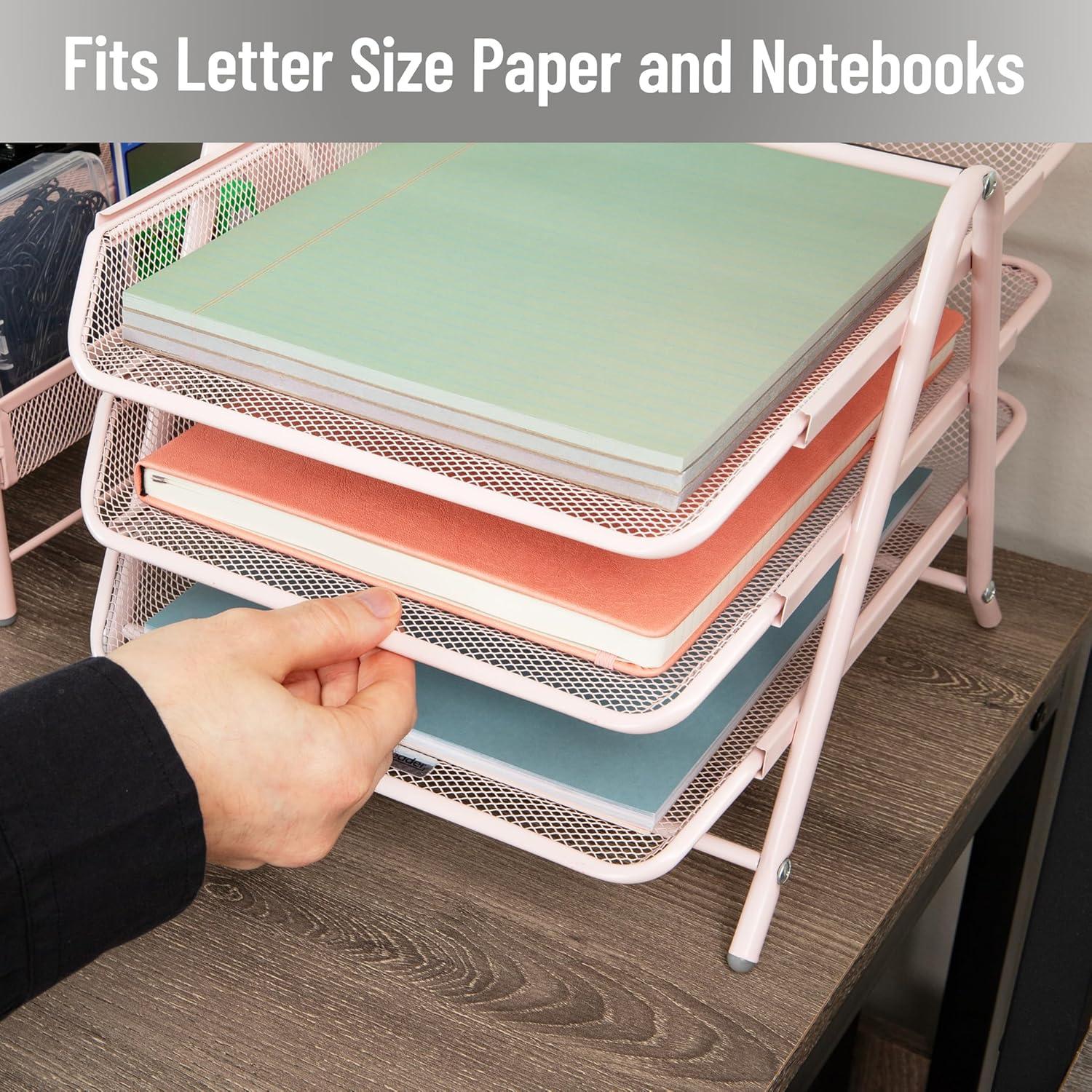 imageMind Reader 3Tier Paper Tray Desktop Organizer File Storage Workspace Office Metal Mesh 1175 L x 1375 W x 10 H Pink