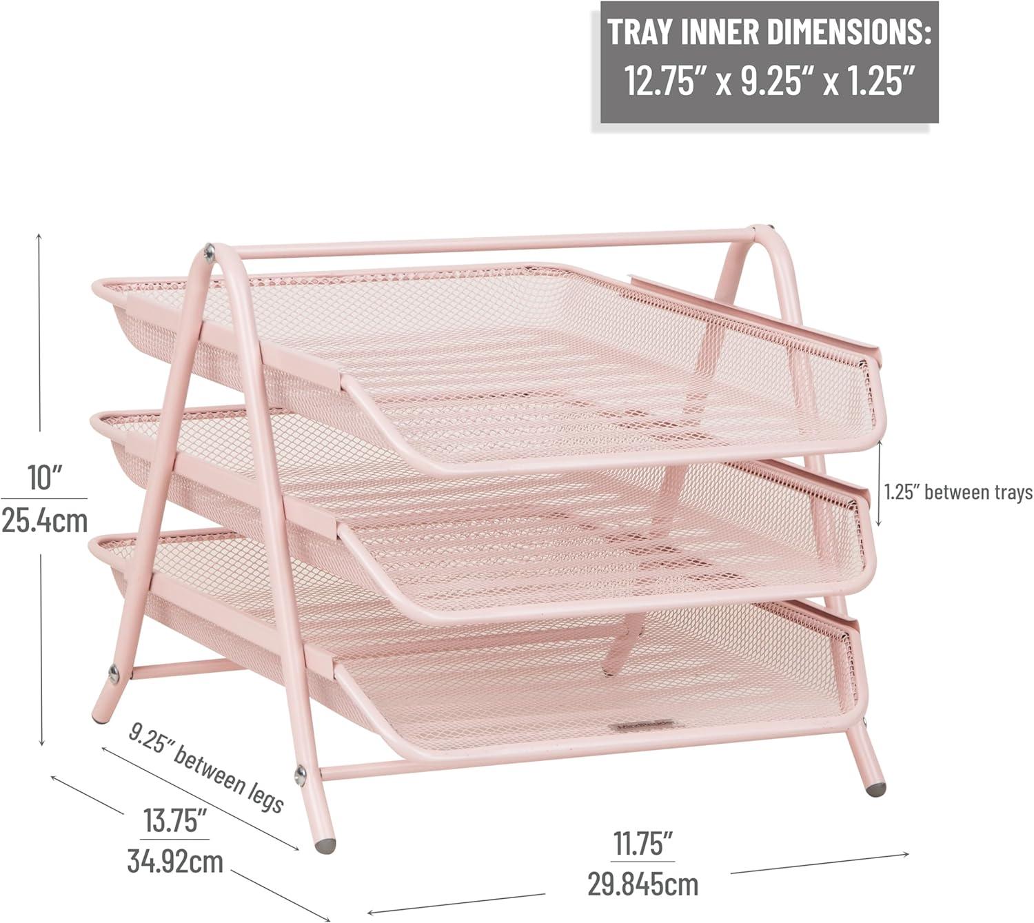 imageMind Reader 3Tier Paper Tray Desktop Organizer File Storage Workspace Office Metal Mesh 1175 L x 1375 W x 10 H Pink