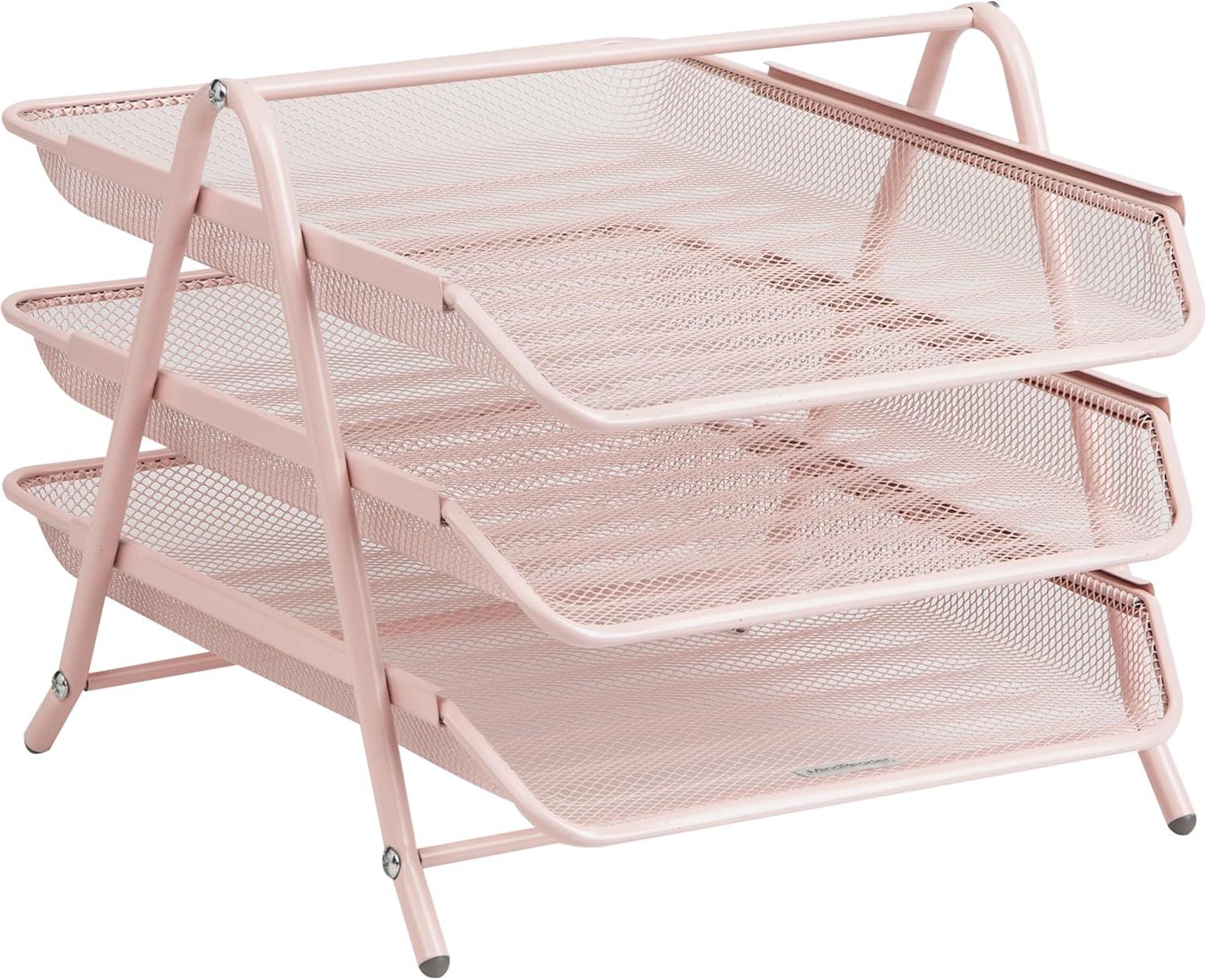 imageMind Reader 3Tier Paper Tray Desktop Organizer File Storage Workspace Office Metal Mesh 1175 L x 1375 W x 10 H Pink