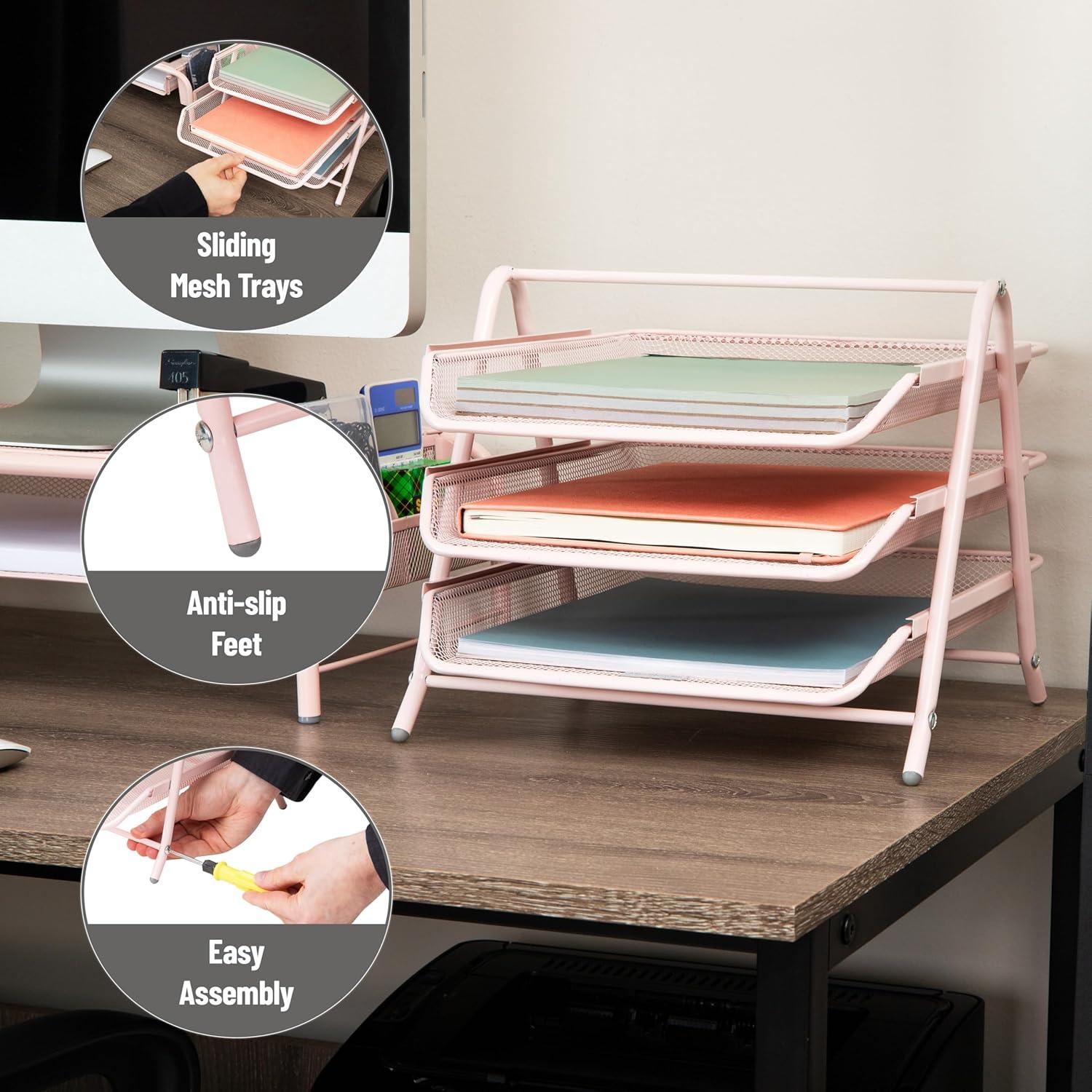 imageMind Reader 3Tier Paper Tray Desktop Organizer File Storage Workspace Office Metal Mesh 1175 L x 1375 W x 10 H Pink