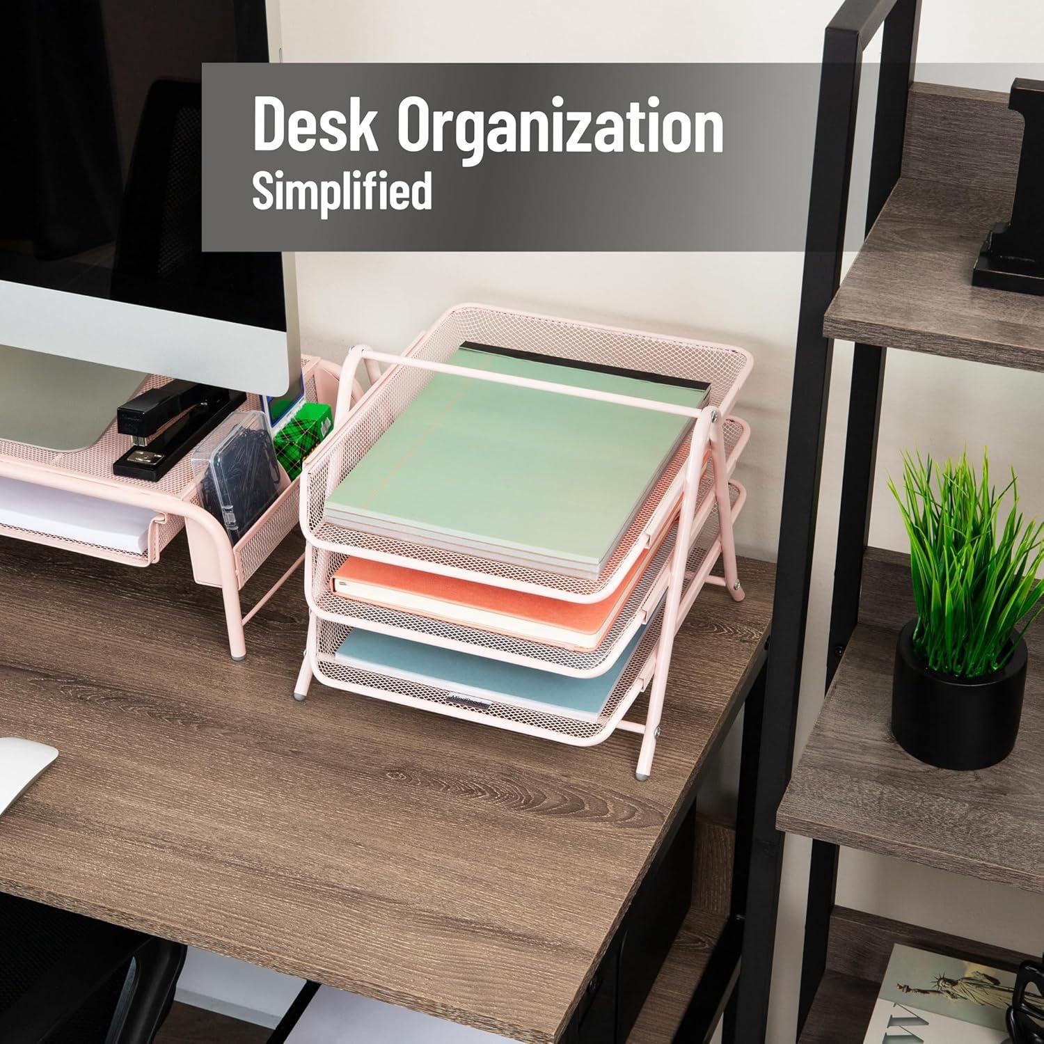 imageMind Reader 3Tier Paper Tray Desktop Organizer File Storage Workspace Office Metal Mesh 1175 L x 1375 W x 10 H Pink