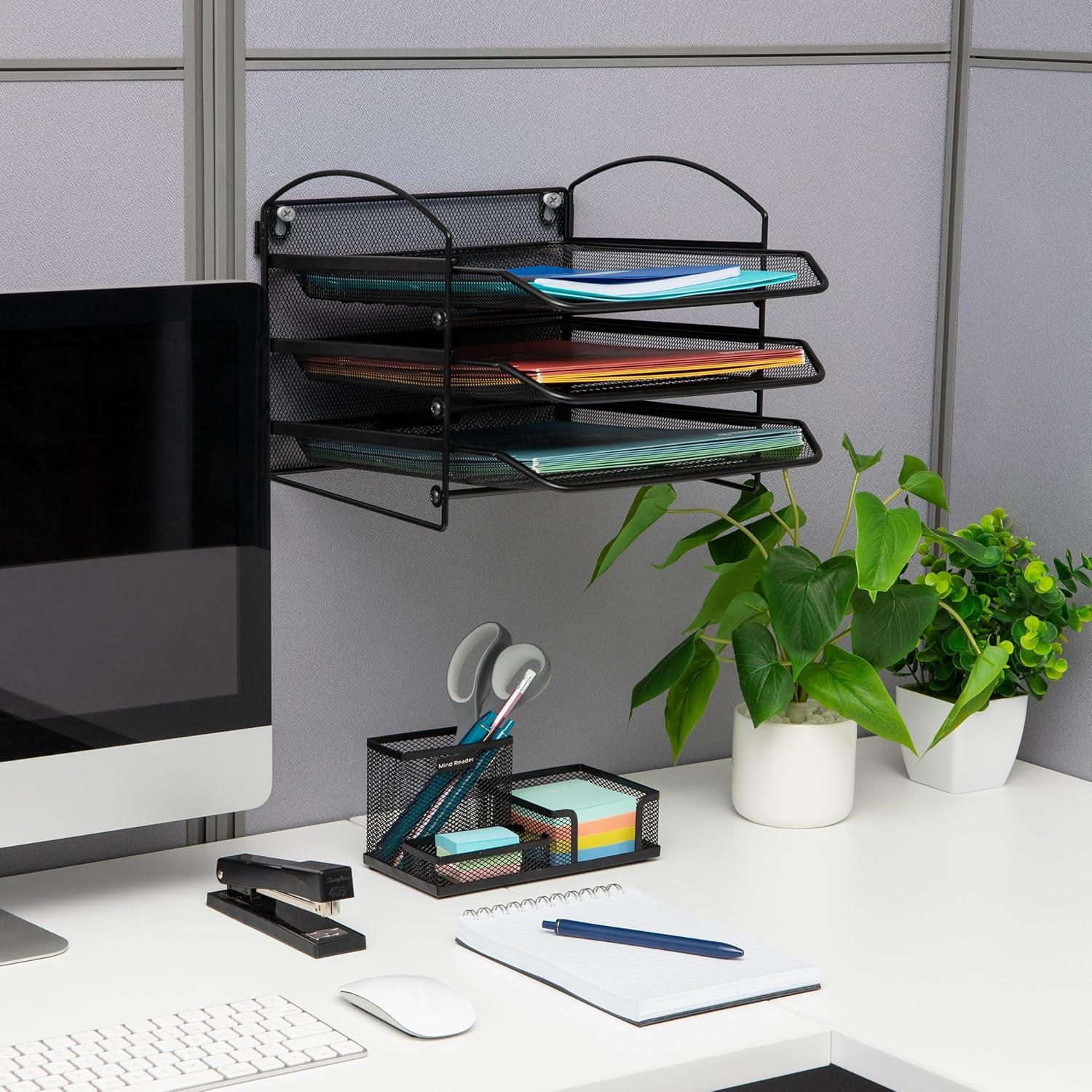 imageMind Reader 3Tier Paper Tray File Storage Desktop Organizer Wall Mountable File Organization Metal Mesh Black3Tier