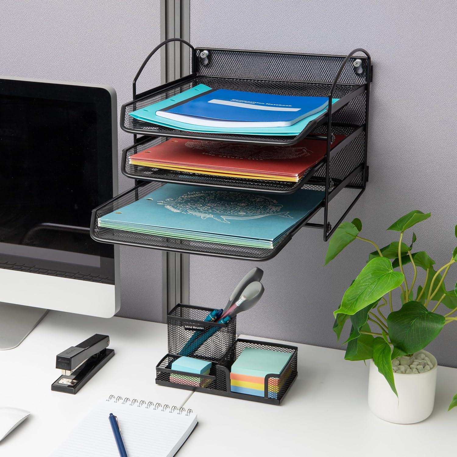 imageMind Reader 3Tier Paper Tray File Storage Desktop Organizer Wall Mountable File Organization Metal Mesh Black3Tier