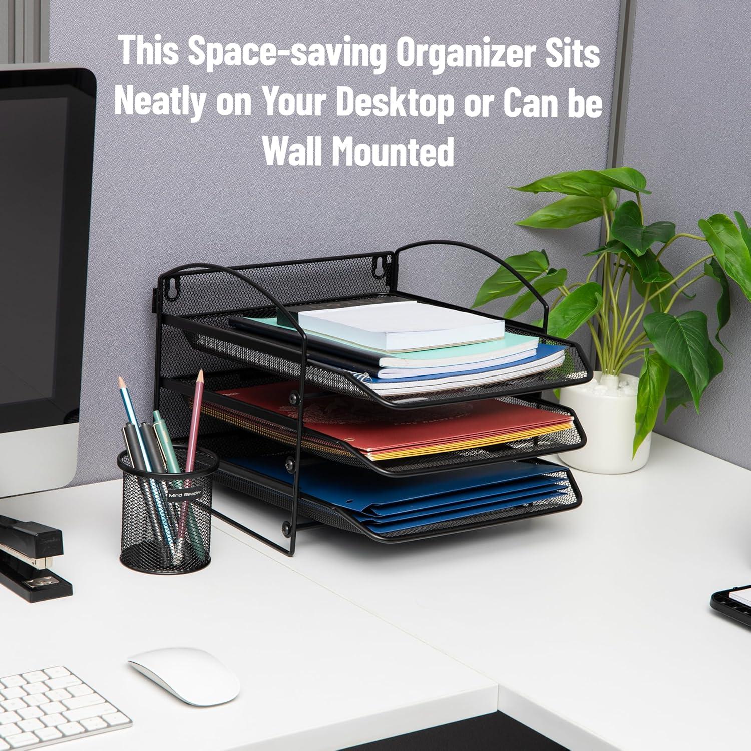 imageMind Reader 3Tier Paper Tray File Storage Desktop Organizer Wall Mountable File Organization Metal Mesh Black3Tier