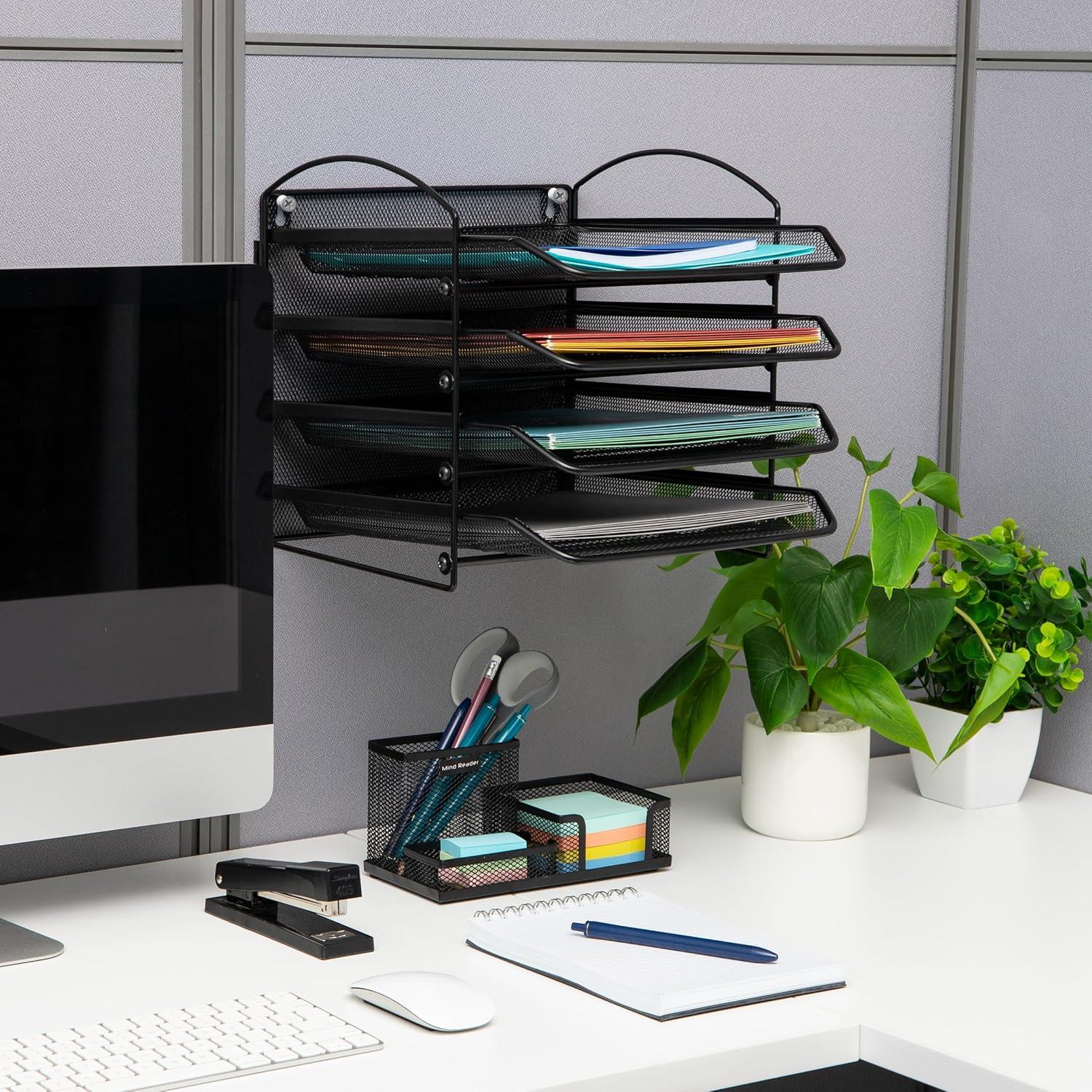 imageMind Reader 3Tier Paper Tray File Storage Desktop Organizer Wall Mountable File Organization Metal Mesh Black4Tier