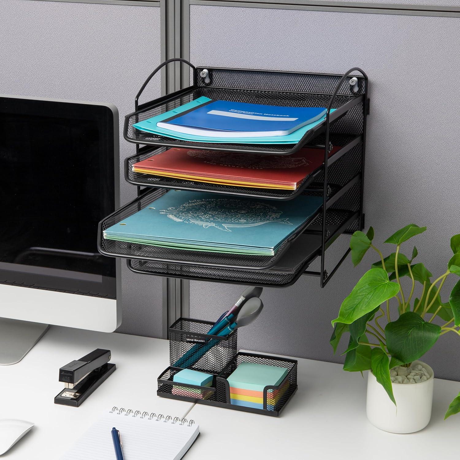 imageMind Reader 3Tier Paper Tray File Storage Desktop Organizer Wall Mountable File Organization Metal Mesh Black4Tier