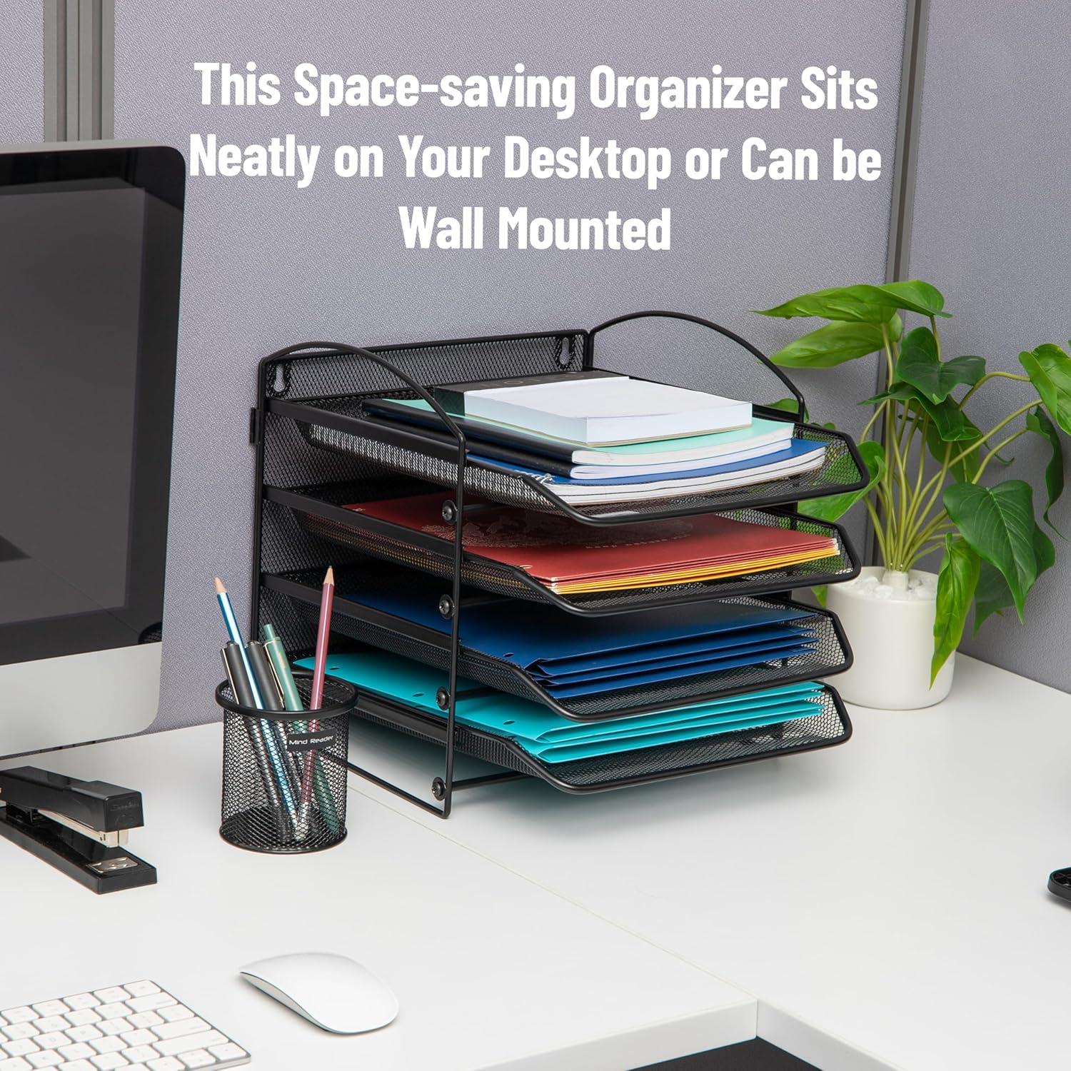 imageMind Reader 3Tier Paper Tray File Storage Desktop Organizer Wall Mountable File Organization Metal Mesh Black4Tier
