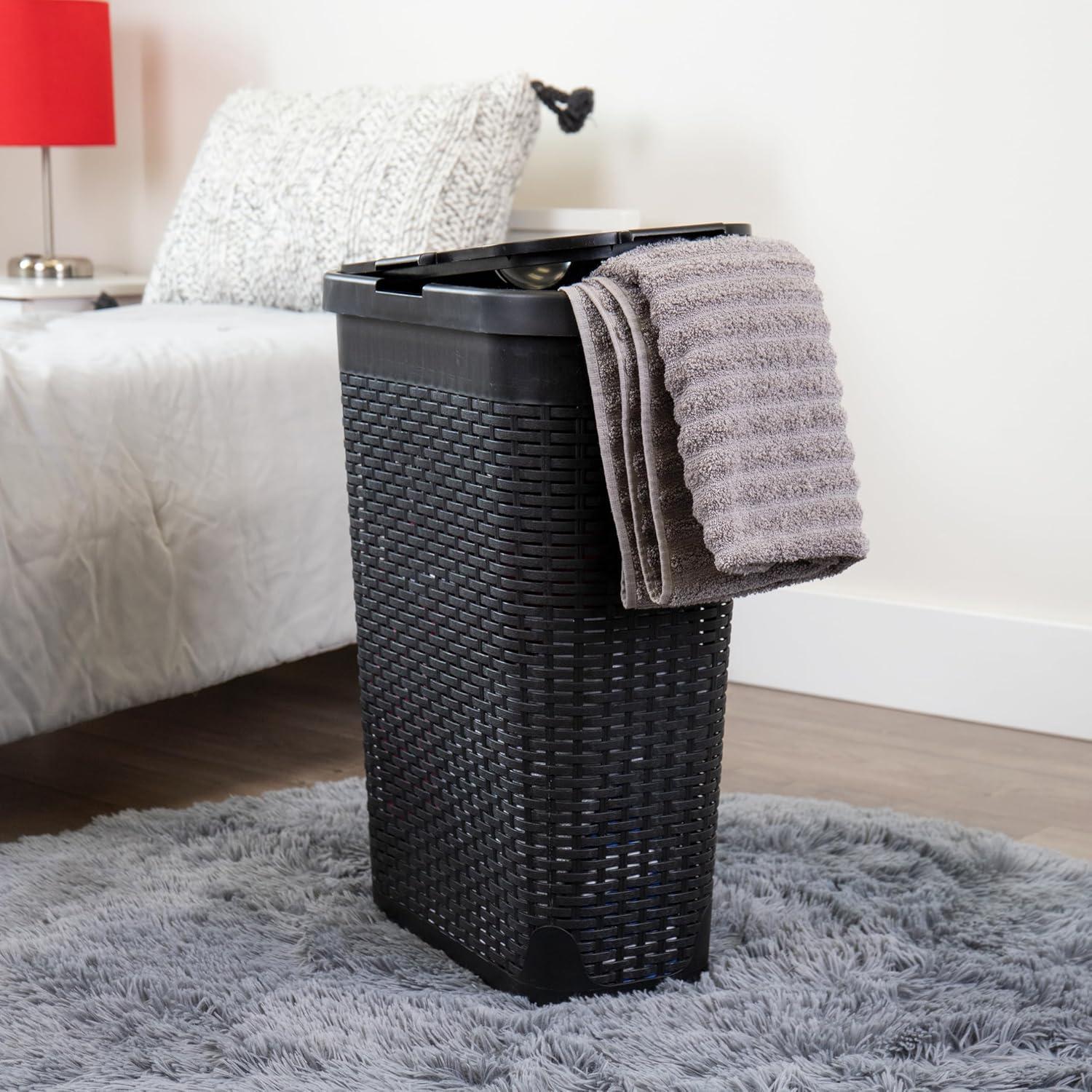 imageMind Reader 40L Slim Laundry Hamper Clothes Basket Lid Premium Wicker Design Plastic Set of 3 BlackBlack
