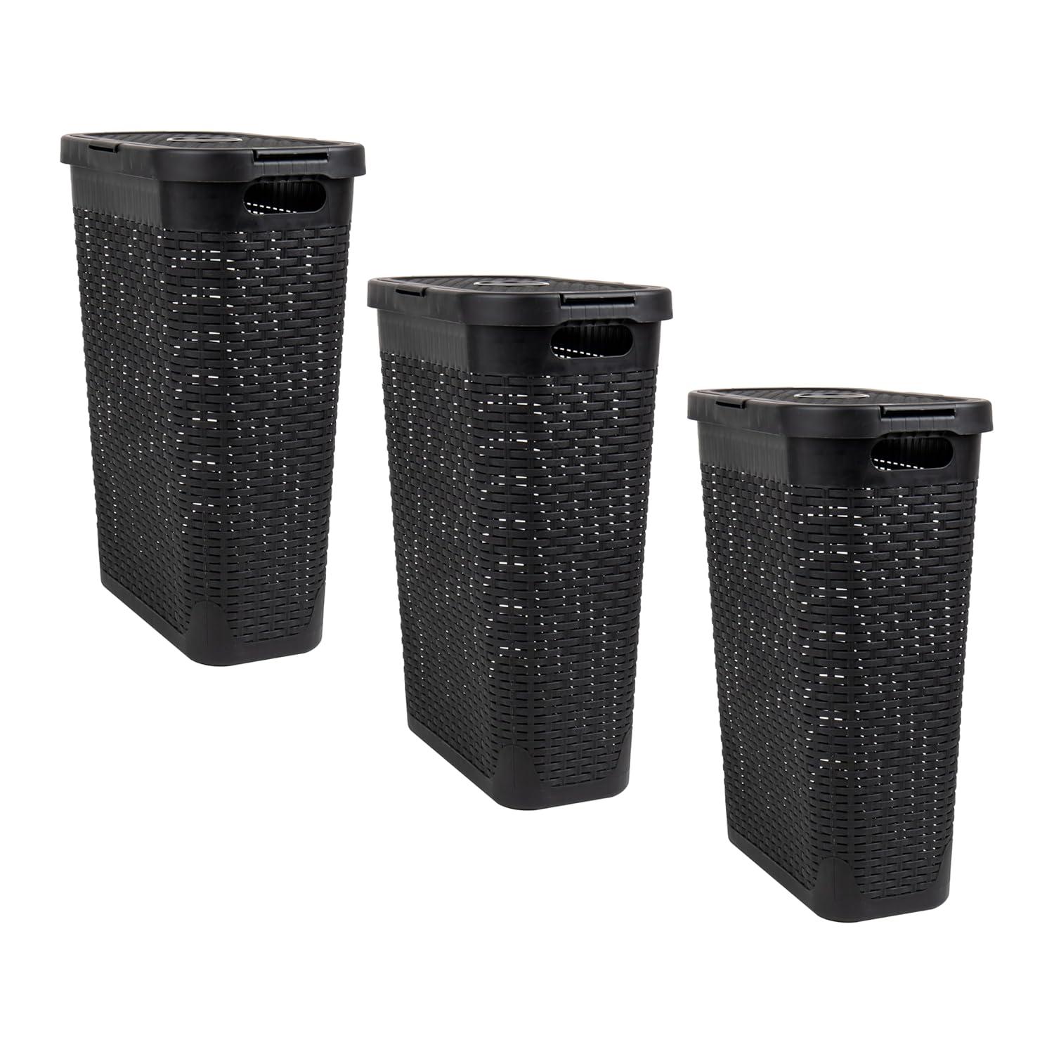 imageMind Reader 40L Slim Laundry Hamper Clothes Basket Lid Premium Wicker Design Plastic Set of 3 BlackBlack