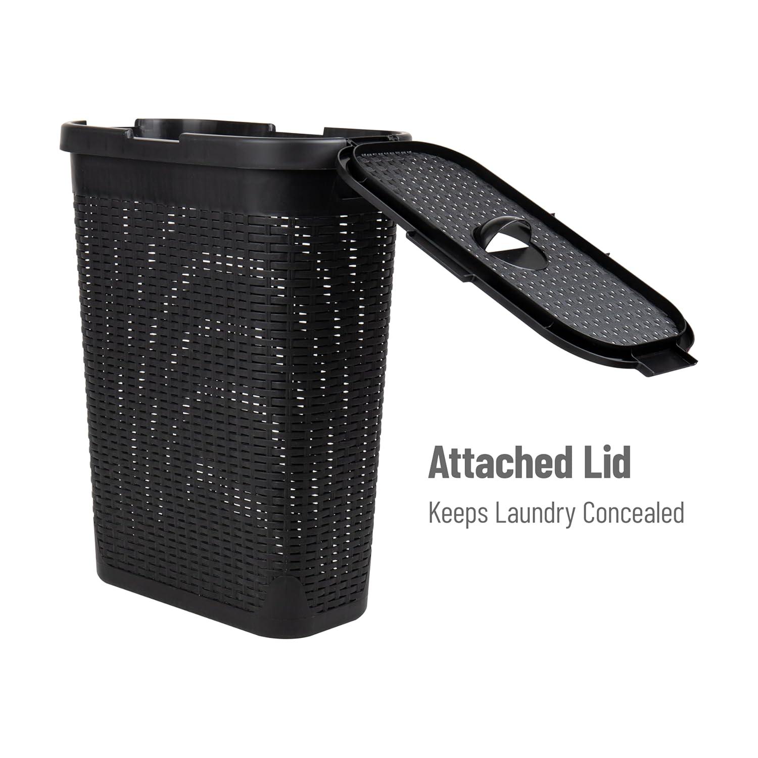 imageMind Reader 40L Slim Laundry Hamper Clothes Basket Lid Premium Wicker Design Plastic Set of 3 BlackBlack