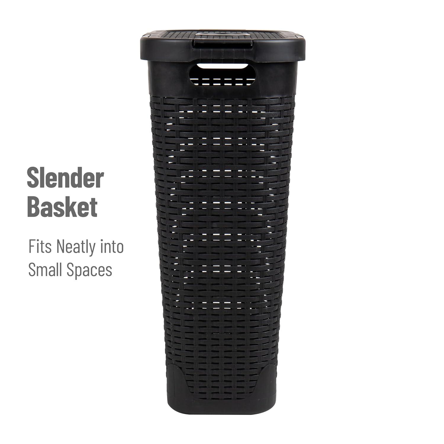 imageMind Reader 40L Slim Laundry Hamper Clothes Basket Lid Premium Wicker Design Plastic Set of 3 BlackBlack