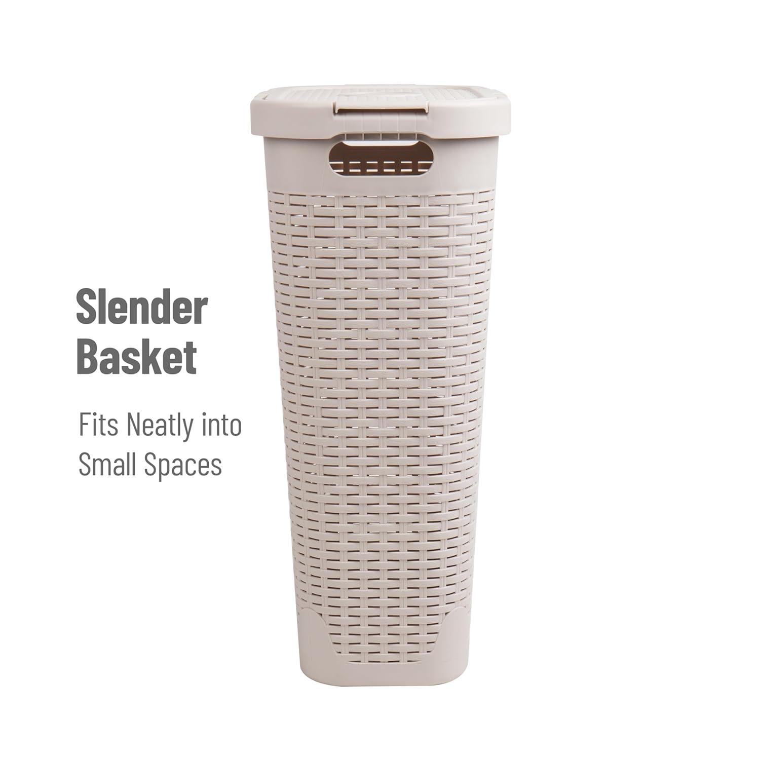 imageMind Reader 40L Slim Laundry Hamper Clothes Basket Lid Premium Wicker Design Plastic Set of 3 BlackIvory