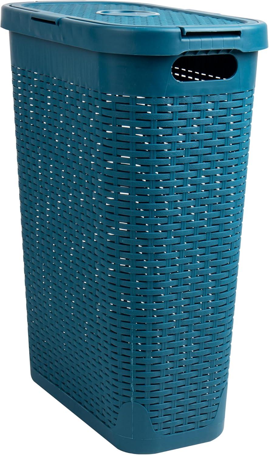 imageMind Reader 40L Slim Laundry Hamper Clothes Basket Lid Wicker Design Plastic 18L x 104W x 235H Blue