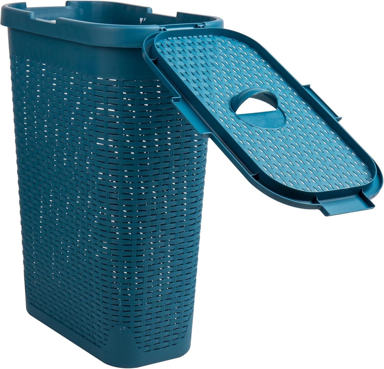 imageMind Reader 40L Slim Laundry Hamper Clothes Basket Lid Wicker Design Plastic 18L x 104W x 235H Blue