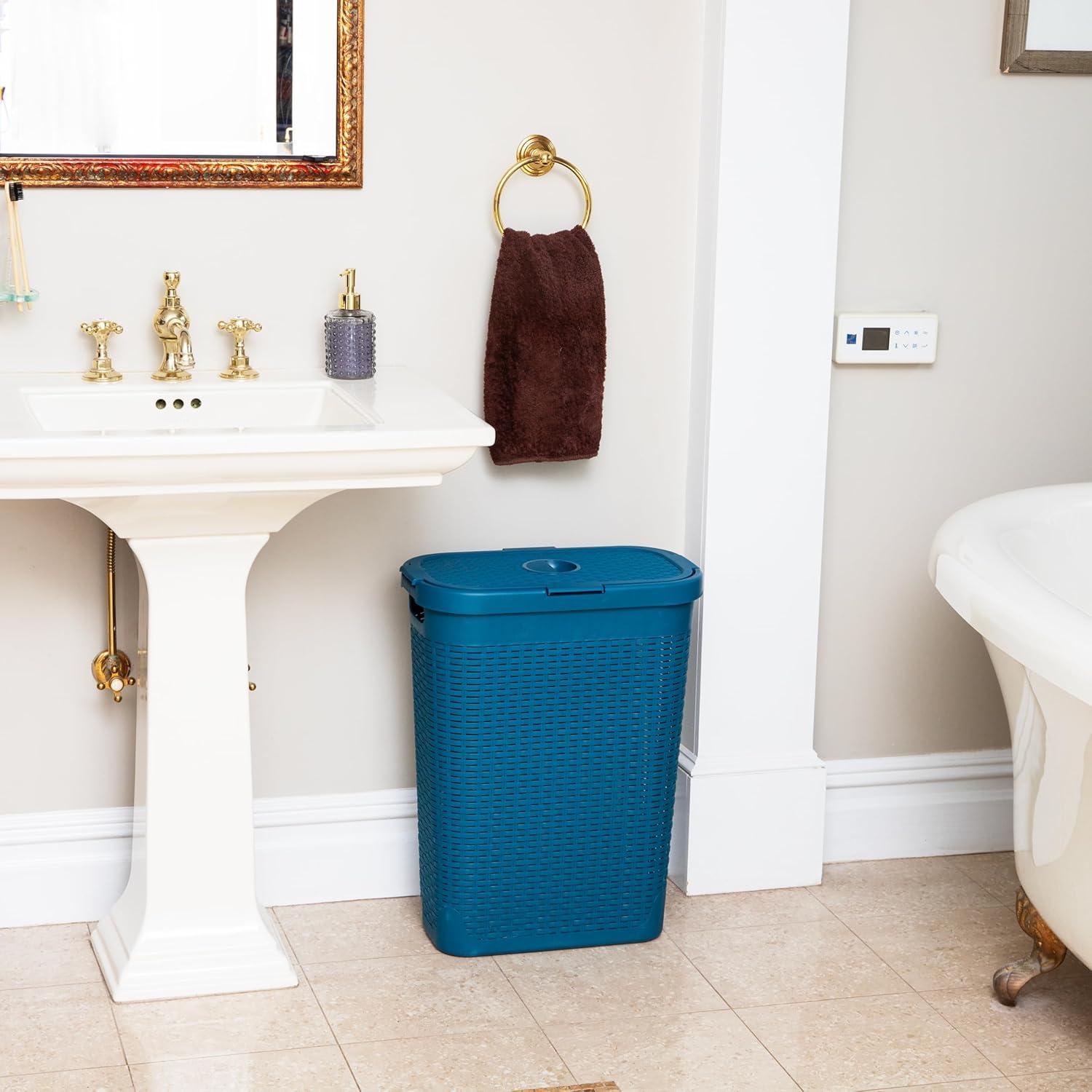 imageMind Reader 40L Slim Laundry Hamper Clothes Basket Lid Wicker Design Plastic 18L x 104W x 235H Blue