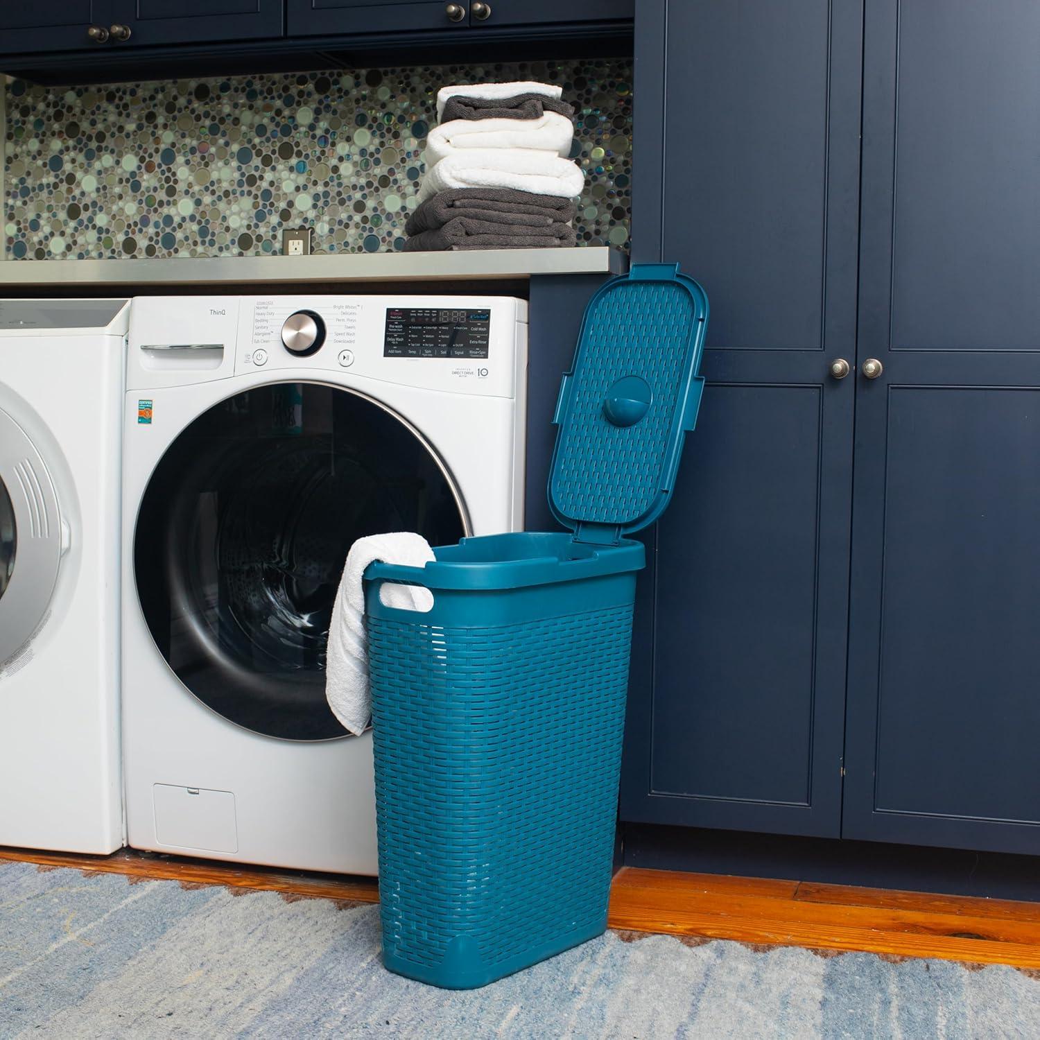 imageMind Reader 40L Slim Laundry Hamper Clothes Basket Lid Wicker Design Plastic 18L x 104W x 235H Blue