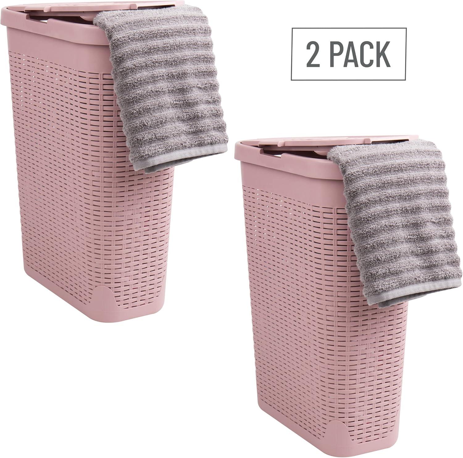 imageMind Reader 40L Slim Laundry Hamper Clothes Basket Lid Wicker Design Plastic 18L x 104W x 235H Set of 2 Pink