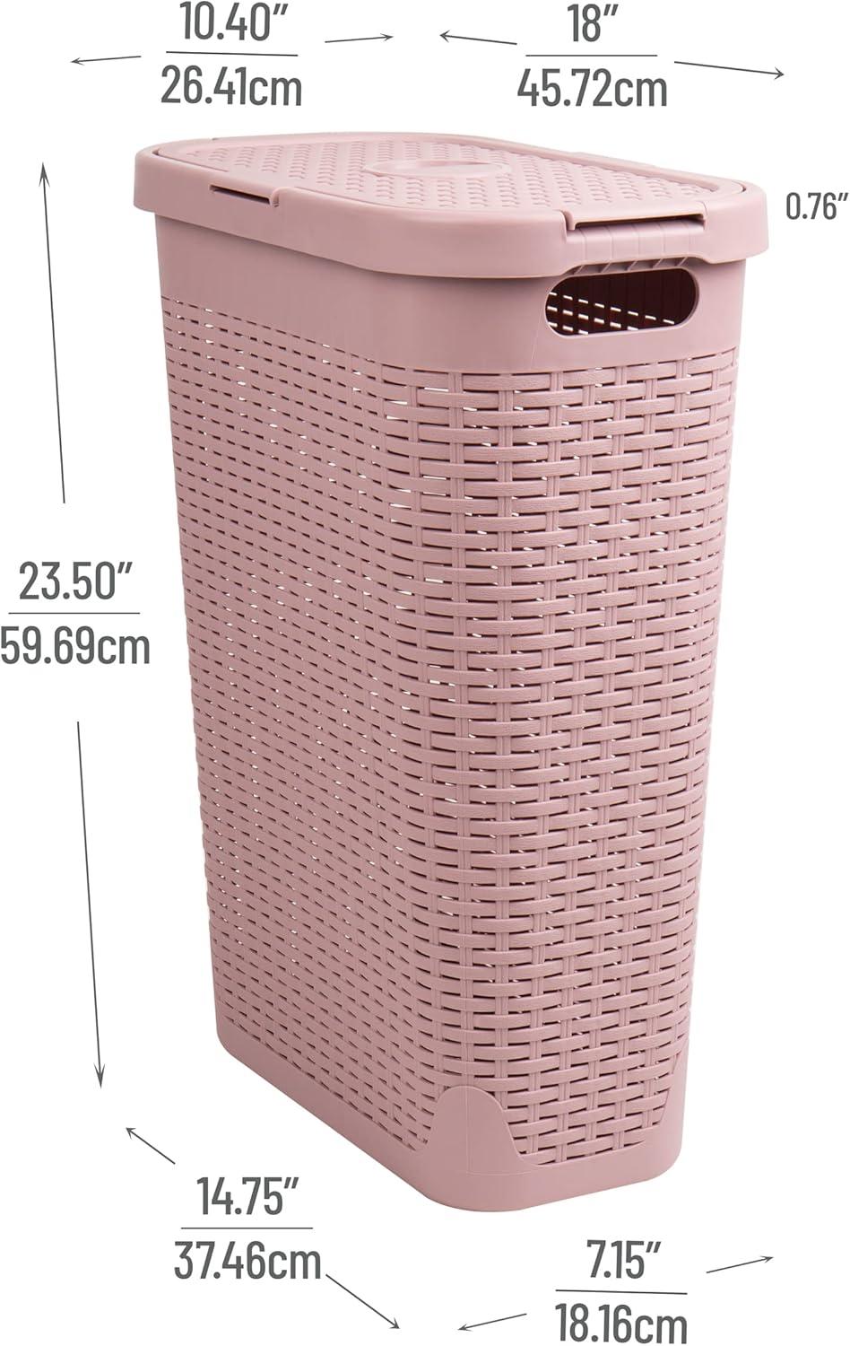 imageMind Reader 40L Slim Laundry Hamper Clothes Basket Lid Wicker Design Plastic 18L x 104W x 235H Set of 2 Pink