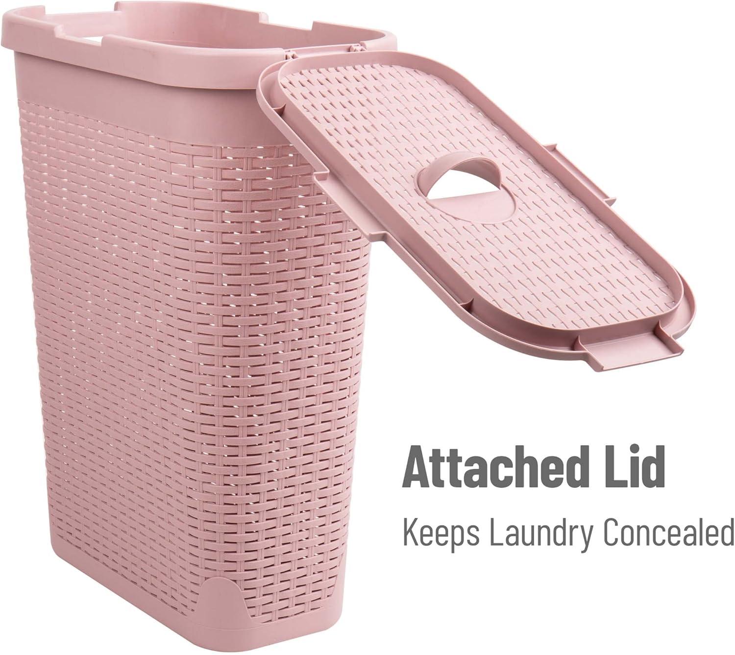 imageMind Reader 40L Slim Laundry Hamper Clothes Basket Lid Wicker Design Plastic 18L x 104W x 235H Set of 2 Pink
