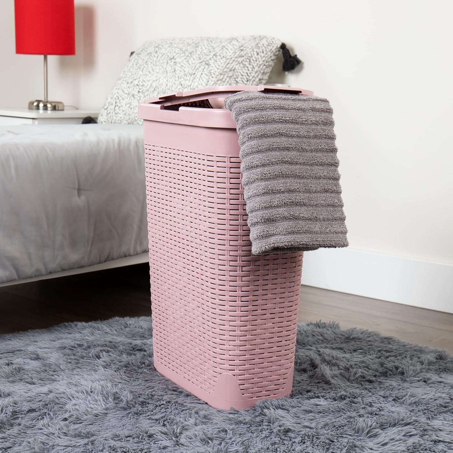imageMind Reader 40L Slim Laundry Hamper Clothes Basket Lid Wicker Design Plastic 18L x 104W x 235H Set of 2 Pink