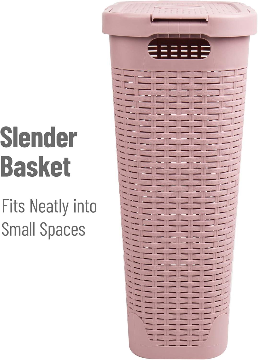 imageMind Reader 40L Slim Laundry Hamper Clothes Basket Lid Wicker Design Plastic 18L x 104W x 235H Set of 2 Pink