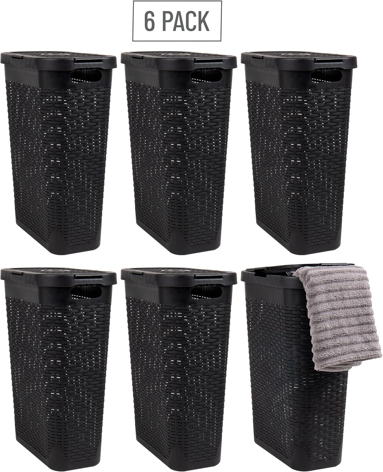 imageMind Reader 40L Slim Laundry Hamper Clothes Basket Lid Wicker Design Plastic 18L x 104W x 235H Set of 6 Black