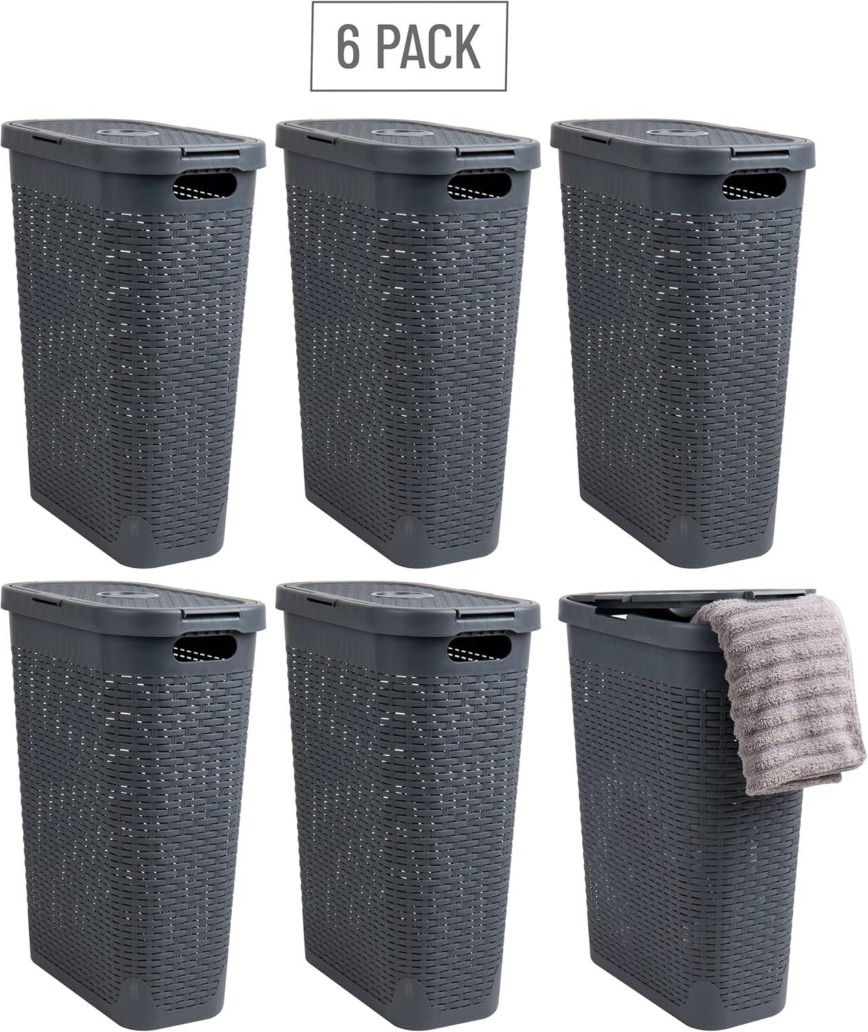 imageMind Reader 40L Slim Laundry Hamper Clothes Basket Lid Wicker Design Plastic 18L x 104W x 235H Set of 6 Gray