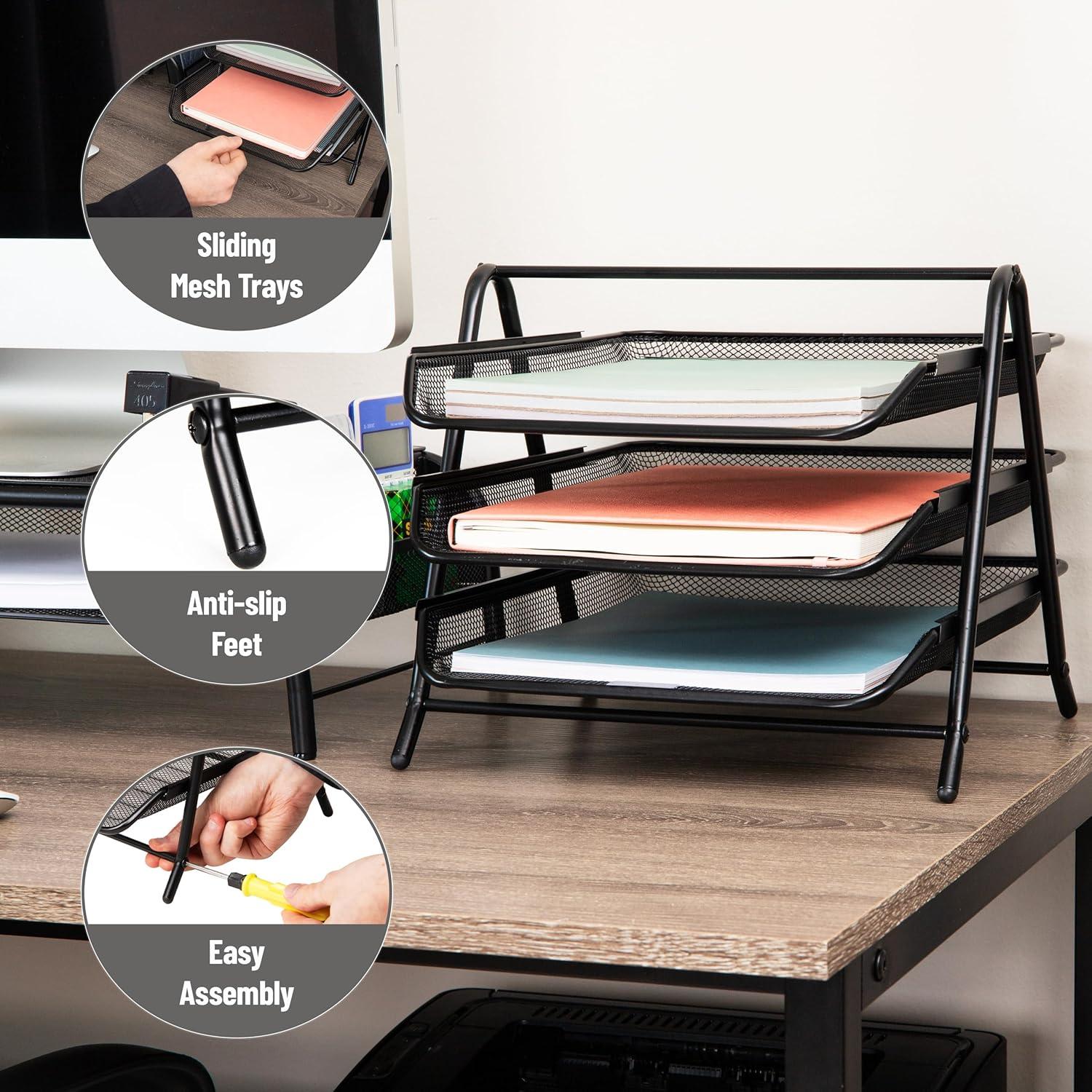 imageMind Reader 4Tier Paper Tray Desktop Organizer File Storage Office Metal Mesh 12 L x 1375 W x 125 H Pack of 2 Black2 Pack