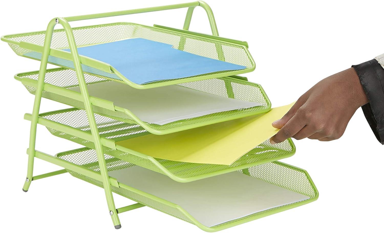 imageMind Reader 4Tier Paper Tray Desktop Organizer File Storage Workspace Office Metal Mesh 1175 L x 1375 W x 125 H PinkGreen