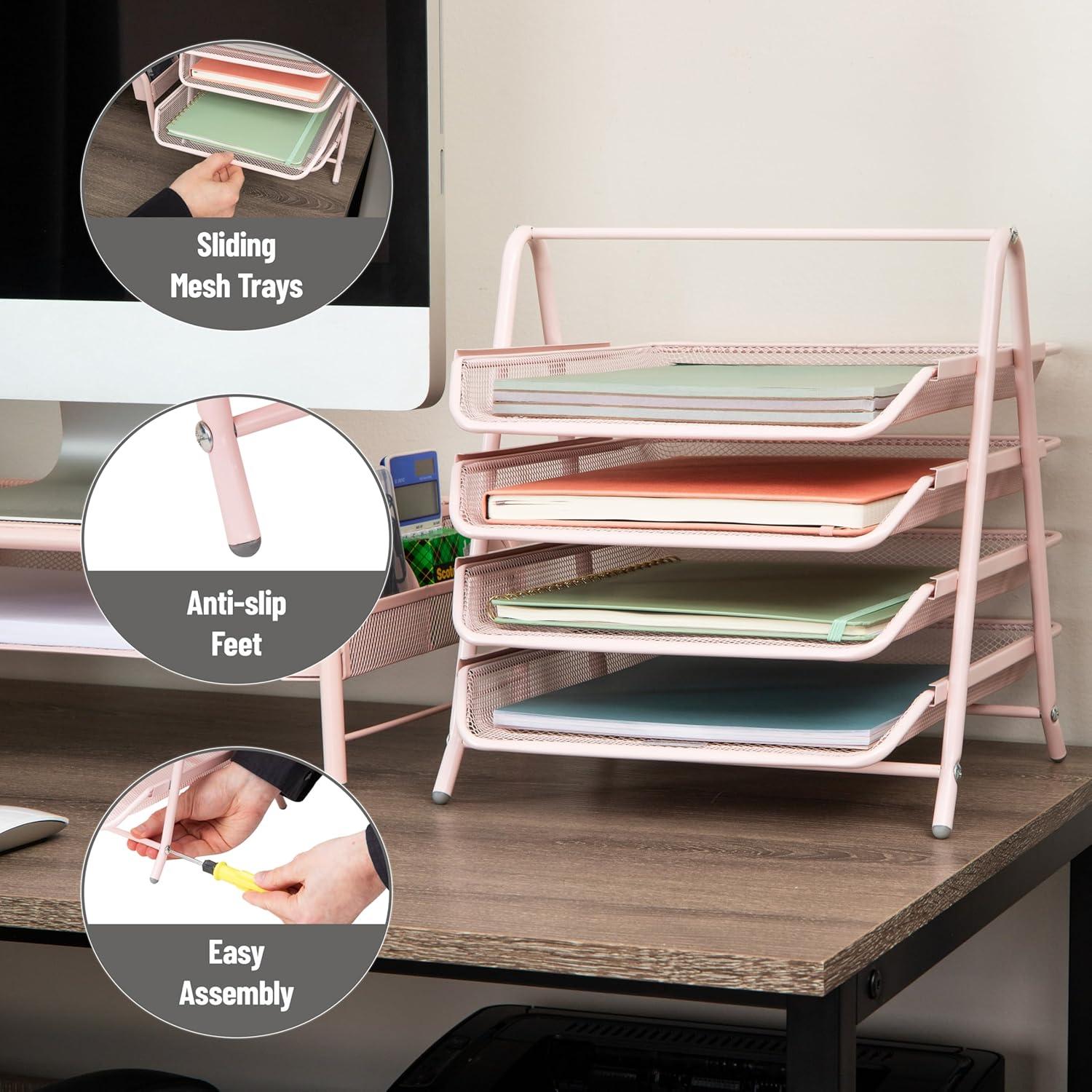 imageMind Reader 4Tier Paper Tray Desktop Organizer File Storage Workspace Office Metal Mesh 1175 L x 1375 W x 125 H PinkPink