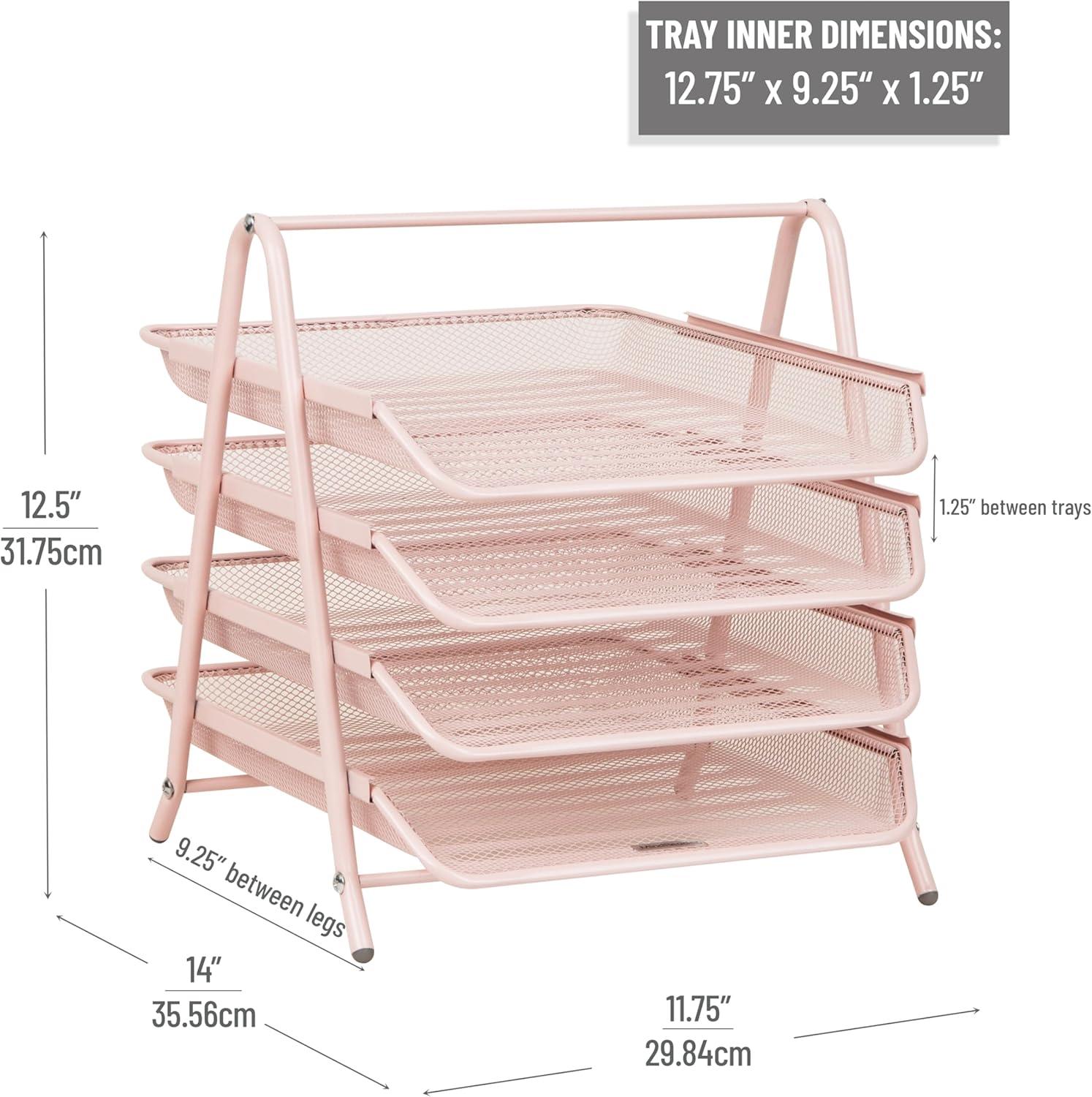 imageMind Reader 4Tier Paper Tray Desktop Organizer File Storage Workspace Office Metal Mesh 1175 L x 1375 W x 125 H PinkPink