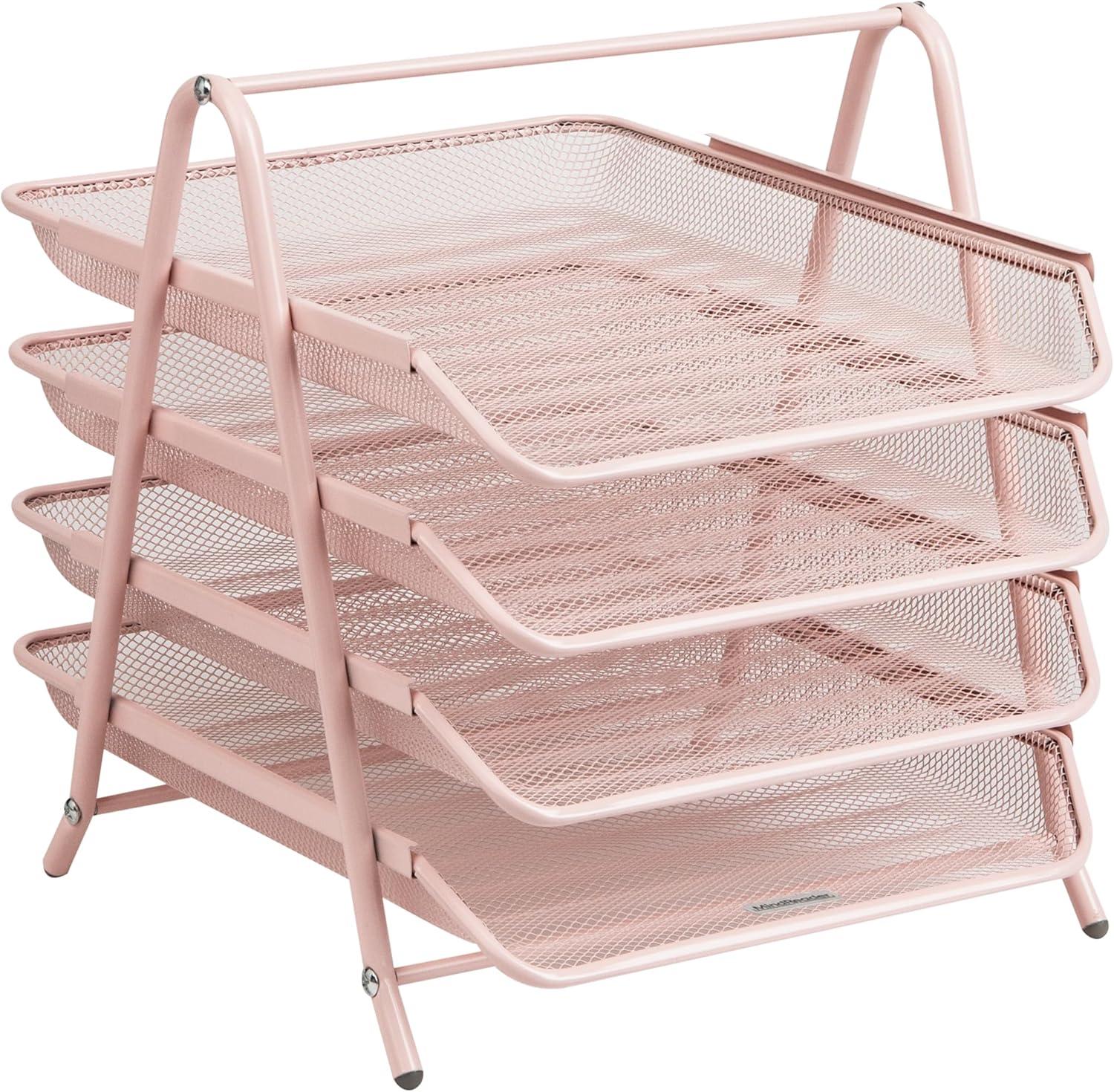 imageMind Reader 4Tier Paper Tray Desktop Organizer File Storage Workspace Office Metal Mesh 1175 L x 1375 W x 125 H PinkPink