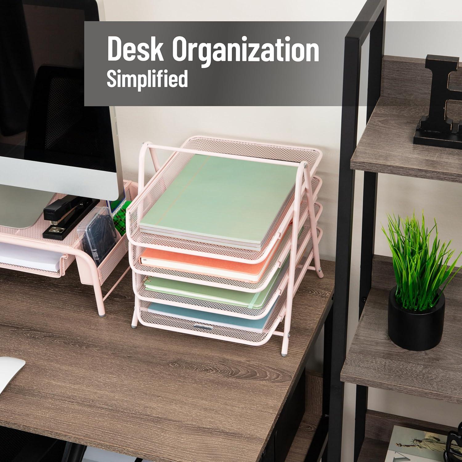 imageMind Reader 4Tier Paper Tray Desktop Organizer File Storage Workspace Office Metal Mesh 1175 L x 1375 W x 125 H PinkPink