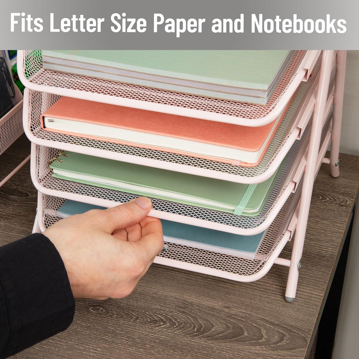 imageMind Reader 4Tier Paper Tray Desktop Organizer File Storage Workspace Office Metal Mesh 1175 L x 1375 W x 125 H PinkPink
