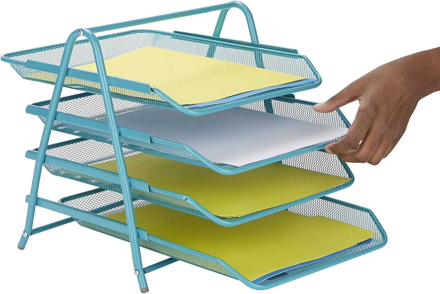 imageMind Reader 4Tier Paper Tray Desktop Organizer File Storage Workspace Office Metal Mesh 1175 L x 1375 W x 125 H PinkTurquoise