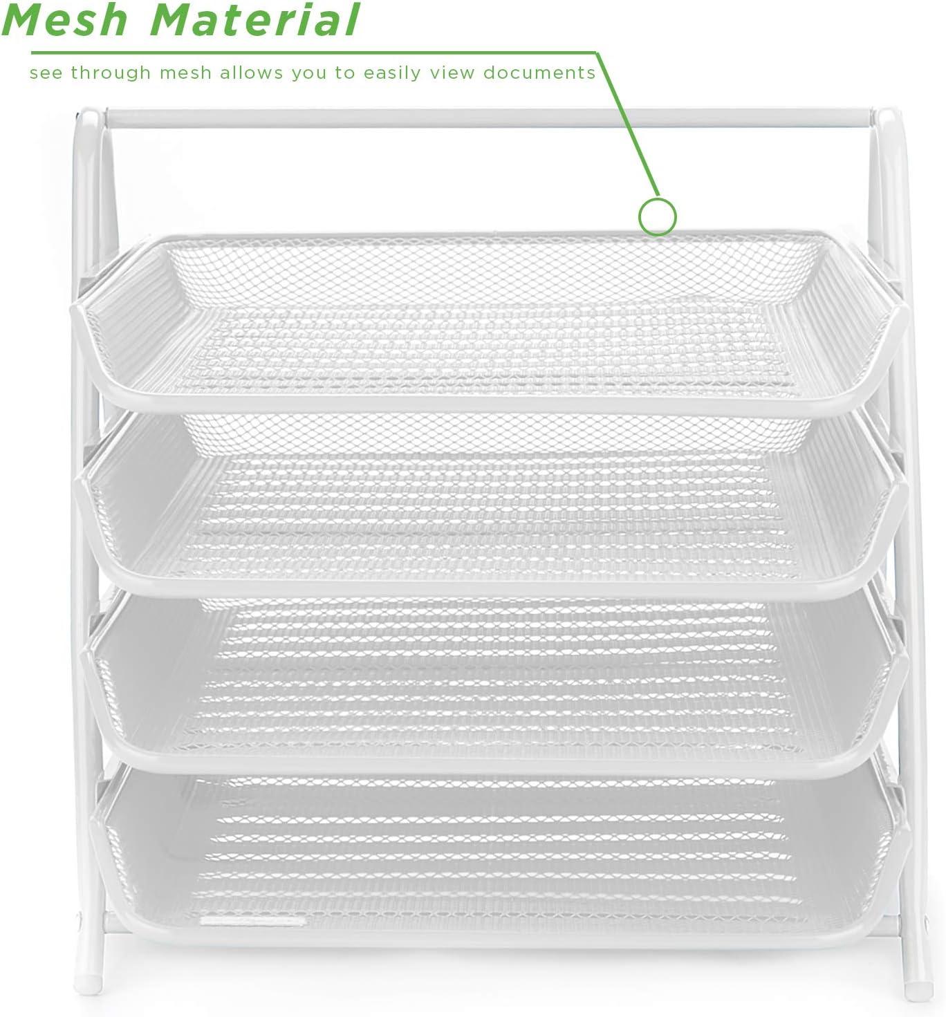 imageMind Reader 4Tier Paper Tray Desktop Organizer File Storage Workspace Office Metal Mesh 1175 L x 1375 W x 125 H PinkWhite