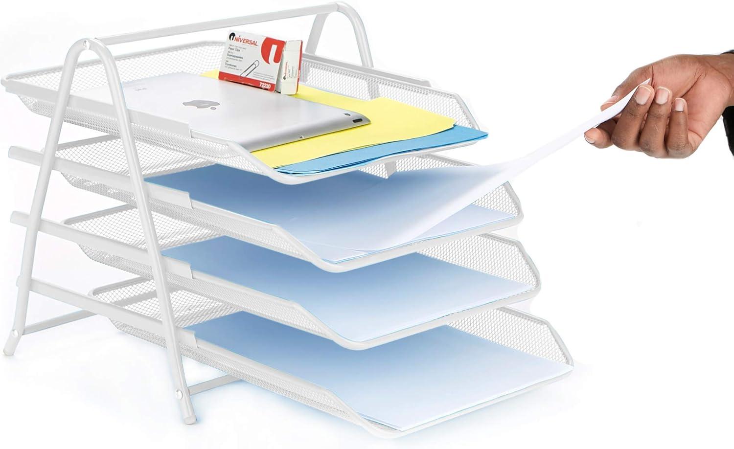 imageMind Reader 4Tier Paper Tray Desktop Organizer File Storage Workspace Office Metal Mesh 1175 L x 1375 W x 125 H PinkWhite