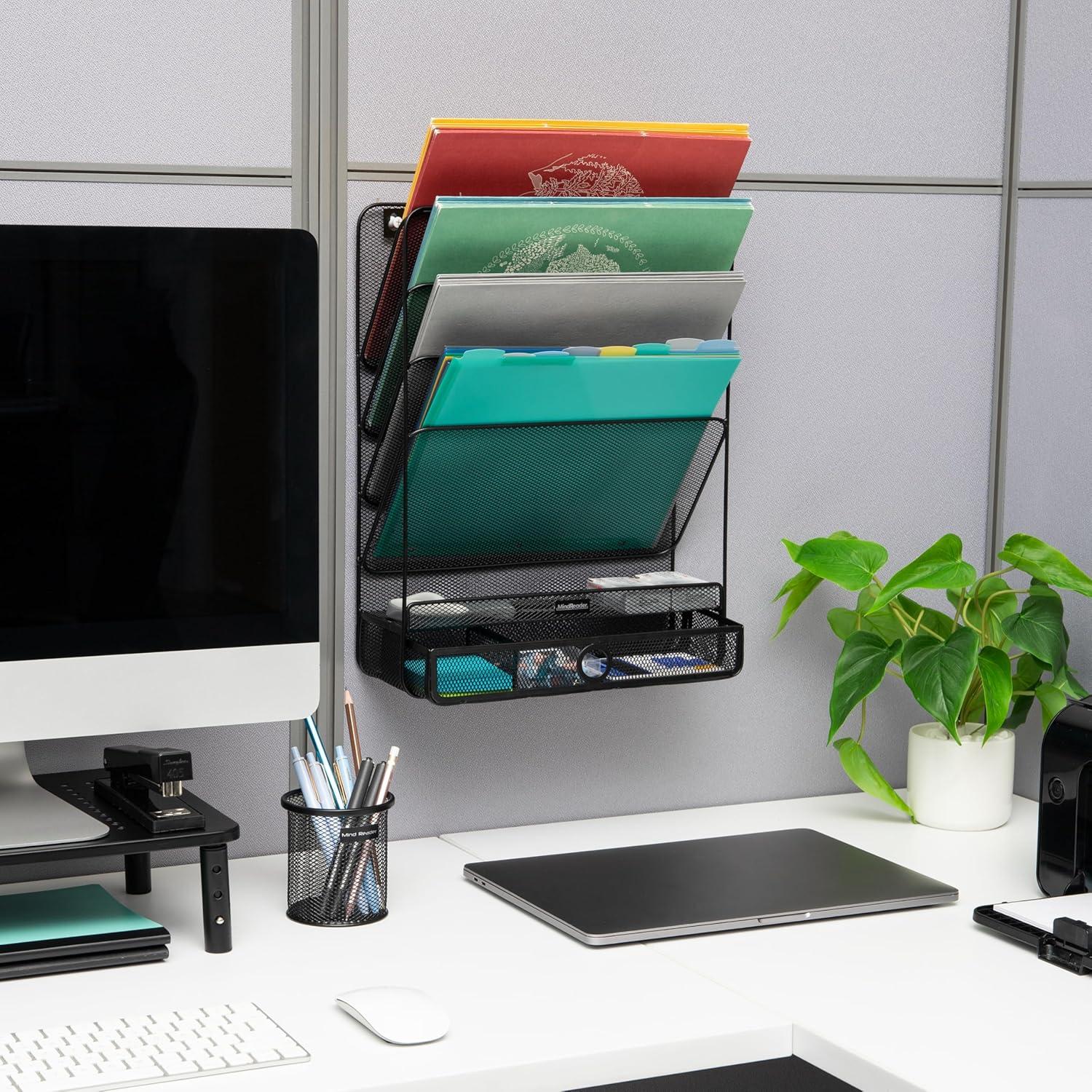 imageMind Reader 4Tier Vertical File Storage Desktop Organizer Wall Mount Office Metal Mesh 125L x 4W x 165H SilverBlack