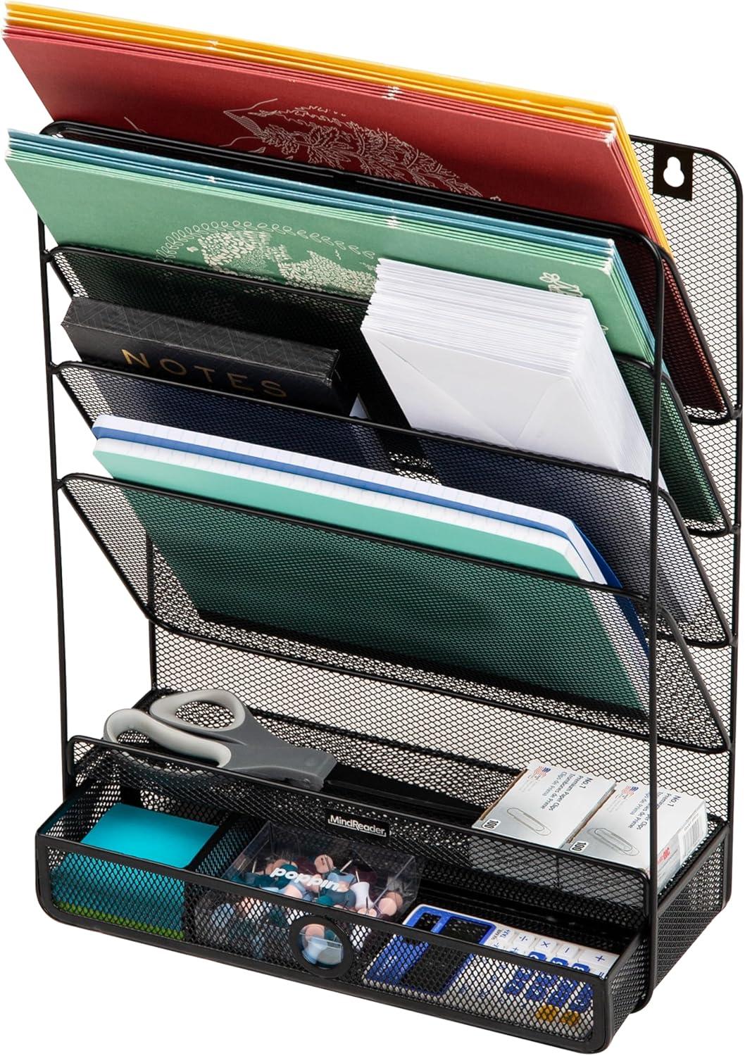 imageMind Reader 4Tier Vertical File Storage Desktop Organizer Wall Mount Office Metal Mesh 125L x 4W x 165H SilverBlack