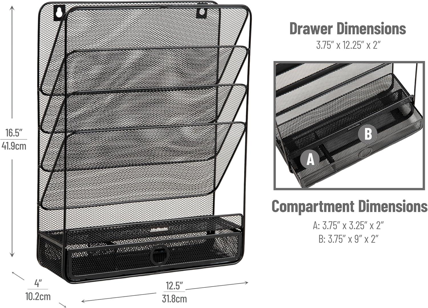 imageMind Reader 4Tier Vertical File Storage Desktop Organizer Wall Mount Office Metal Mesh 125L x 4W x 165H SilverBlack