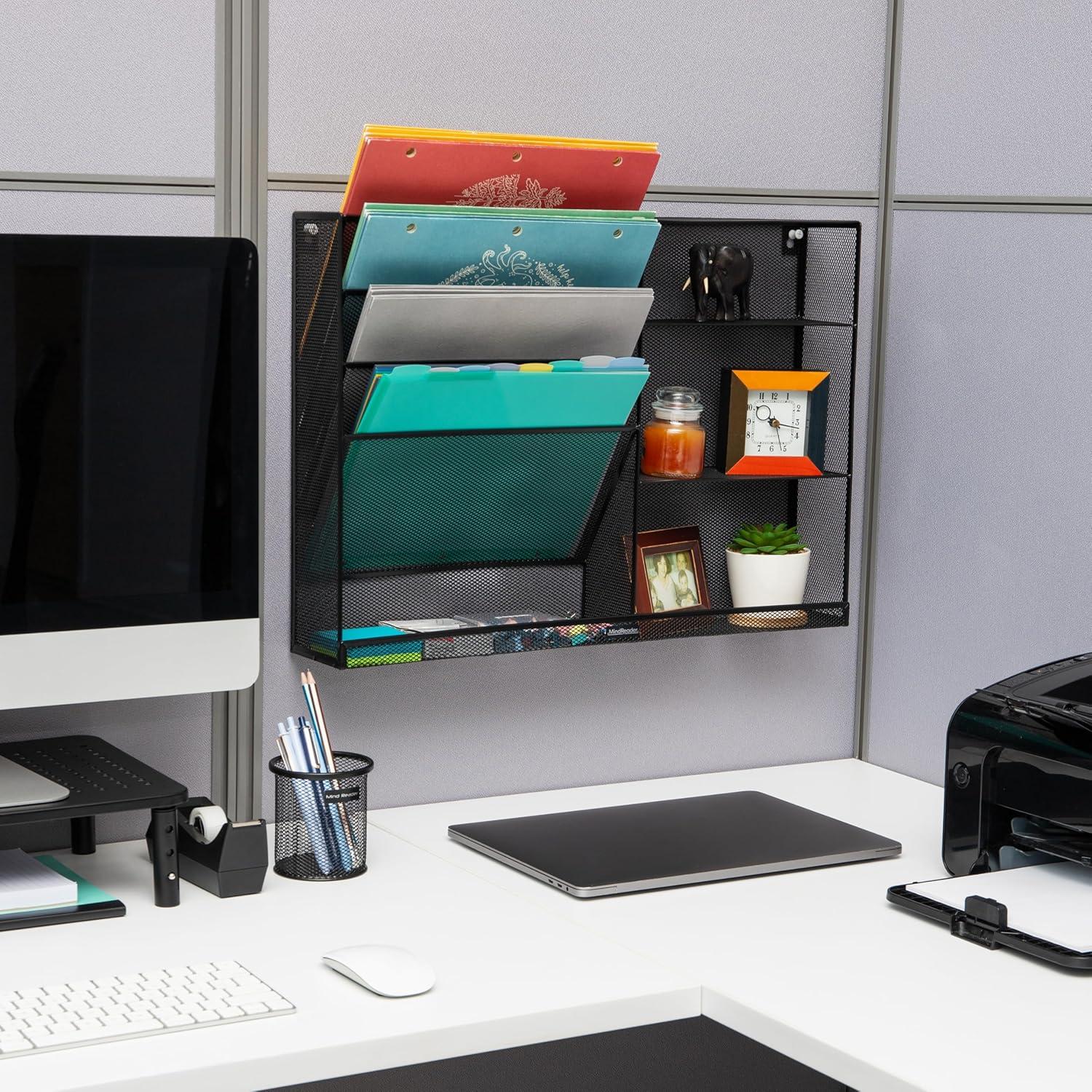 imageMind Reader 4Tier Vertical File Storage Desktop Organizer Wall Mount Office Metal Mesh 125L x 4W x 165H SilverClassic Black