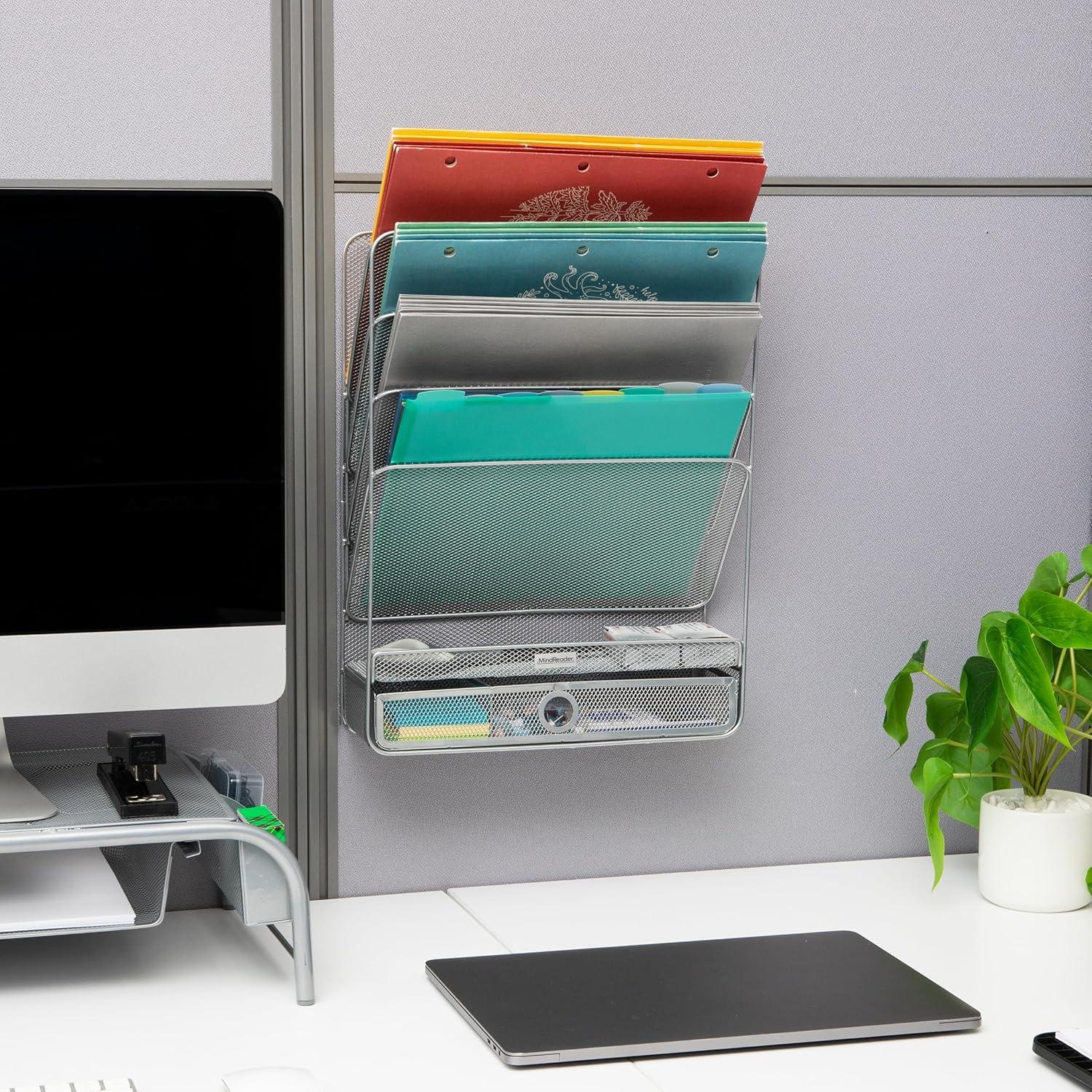 imageMind Reader 4Tier Vertical File Storage Desktop Organizer Wall Mount Office Metal Mesh 125L x 4W x 165H SilverSilver