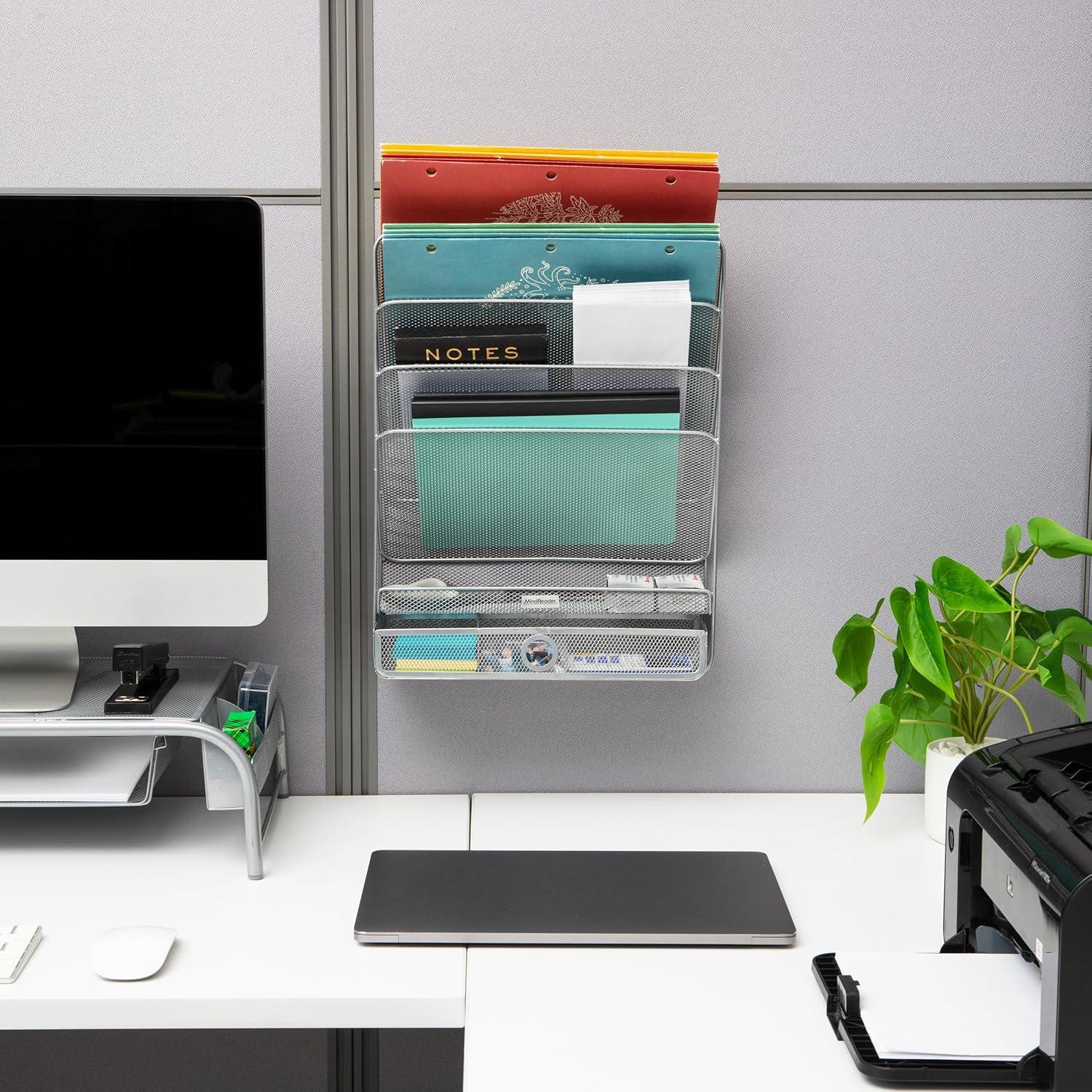 imageMind Reader 4Tier Vertical File Storage Desktop Organizer Wall Mount Office Metal Mesh 125L x 4W x 165H SilverSilver